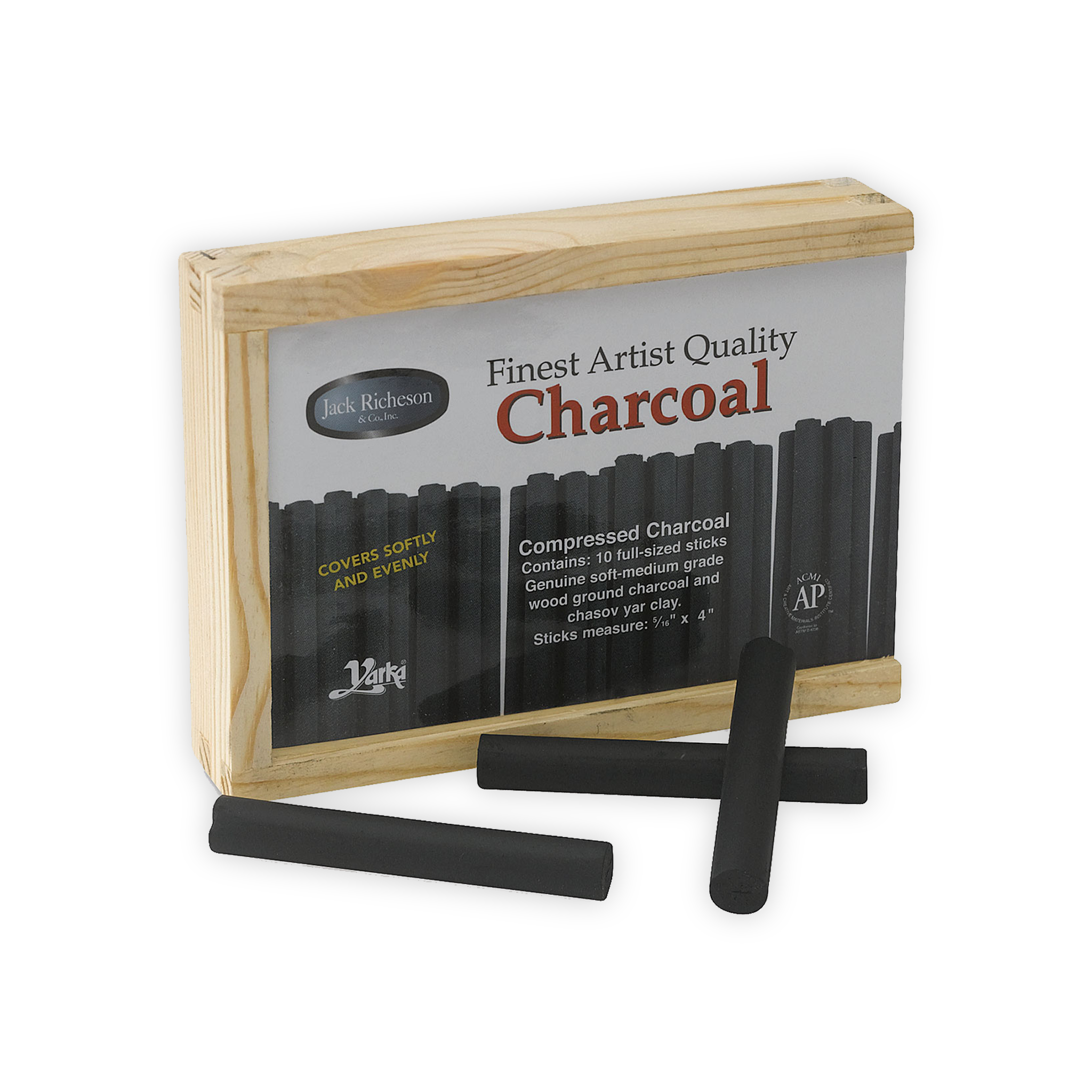A set of ten charcoal sticks in a wooden box with a slide-out top.