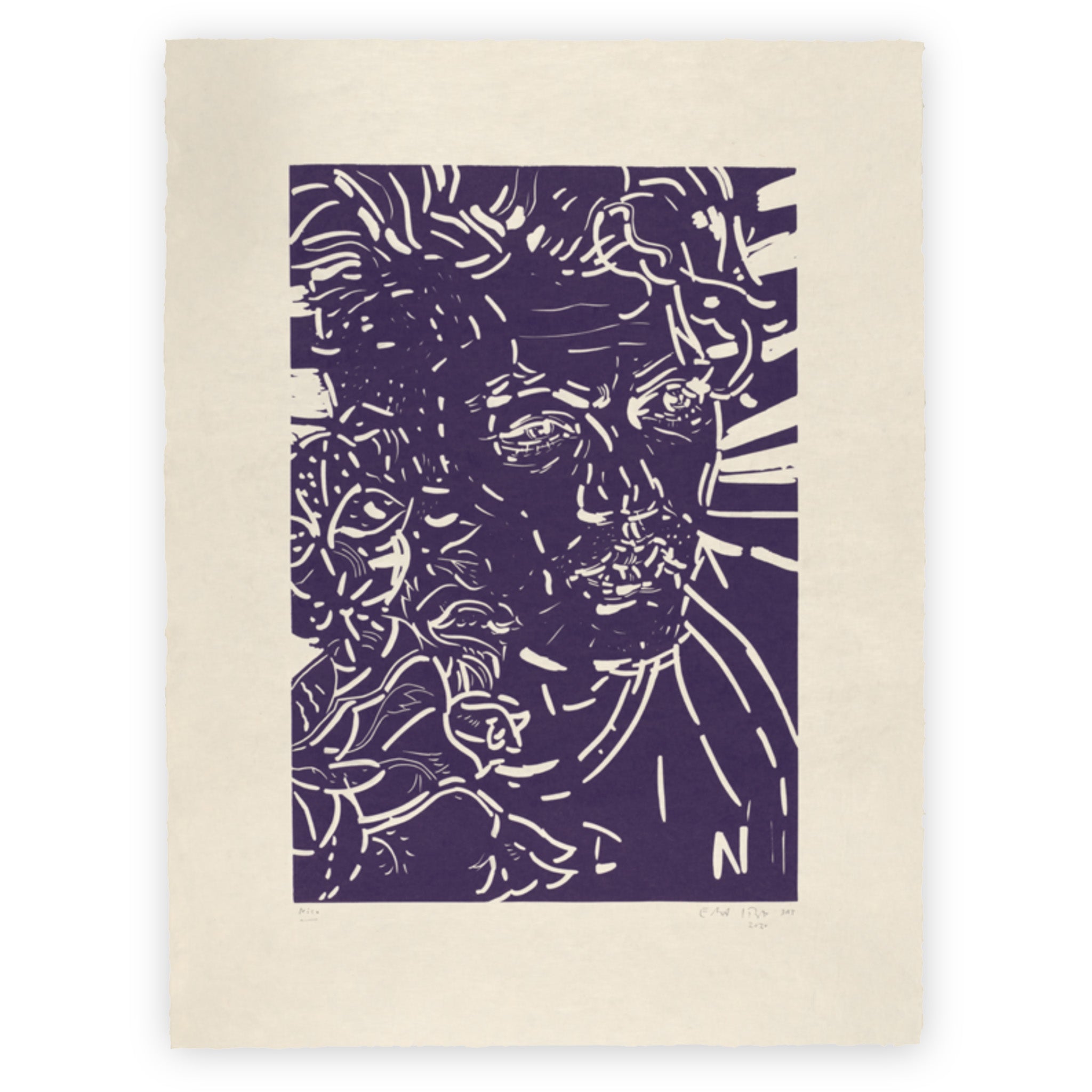 Print of "Nico + Flowers (Nico Muhly)" by Elizabeth Peyton. On cream-colored paper is printed a deep purple linocut of a male bust. His face is defined by wide sweeping cuts, with thinner lines defining his eyes. A bouquet of flowers encroaches upon his figure from his left.