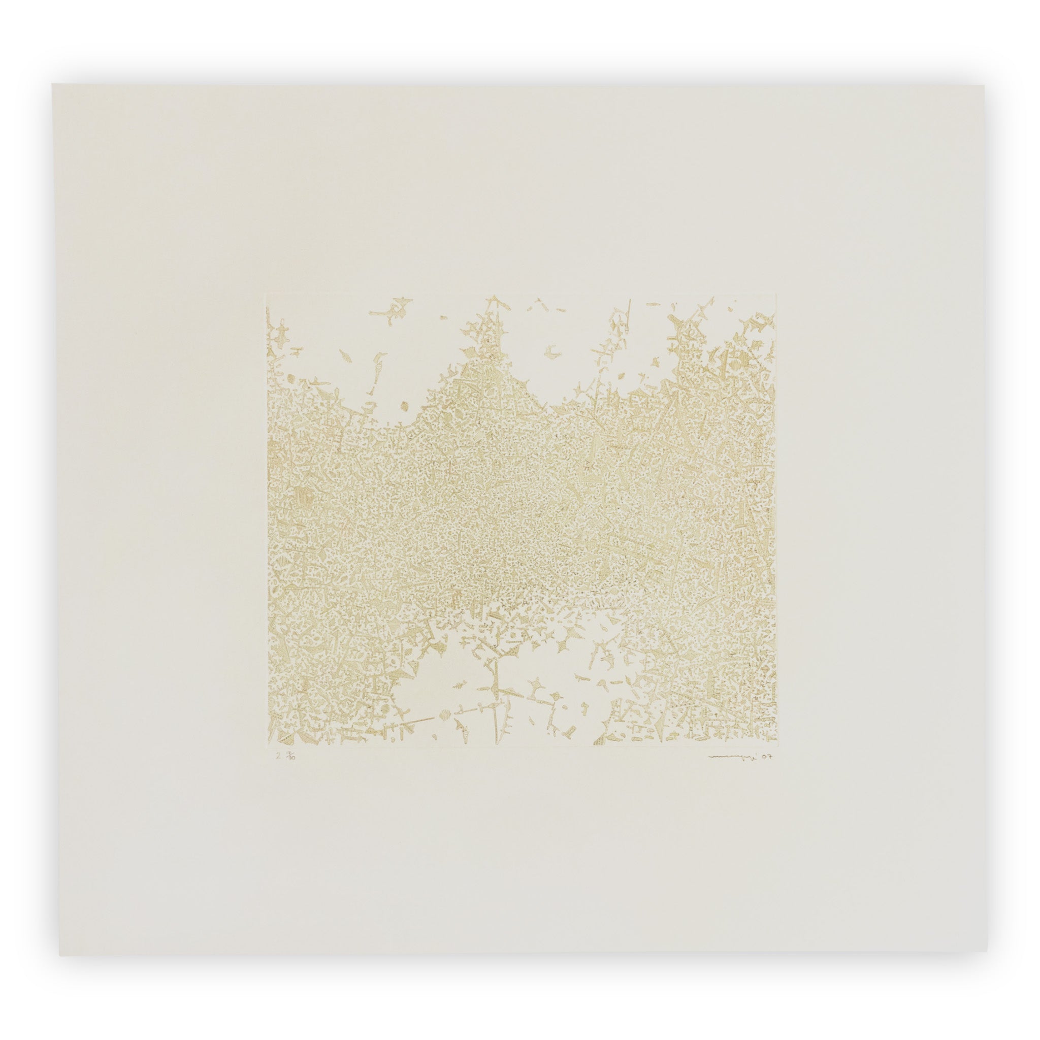 Print of "Slow Copperfield (East)" by Marco Maggi.  On cream colored paper is a gold-tinted atomized form that gets gradually less dense from the center outwards. The structure resembles frost, or rust buildup.