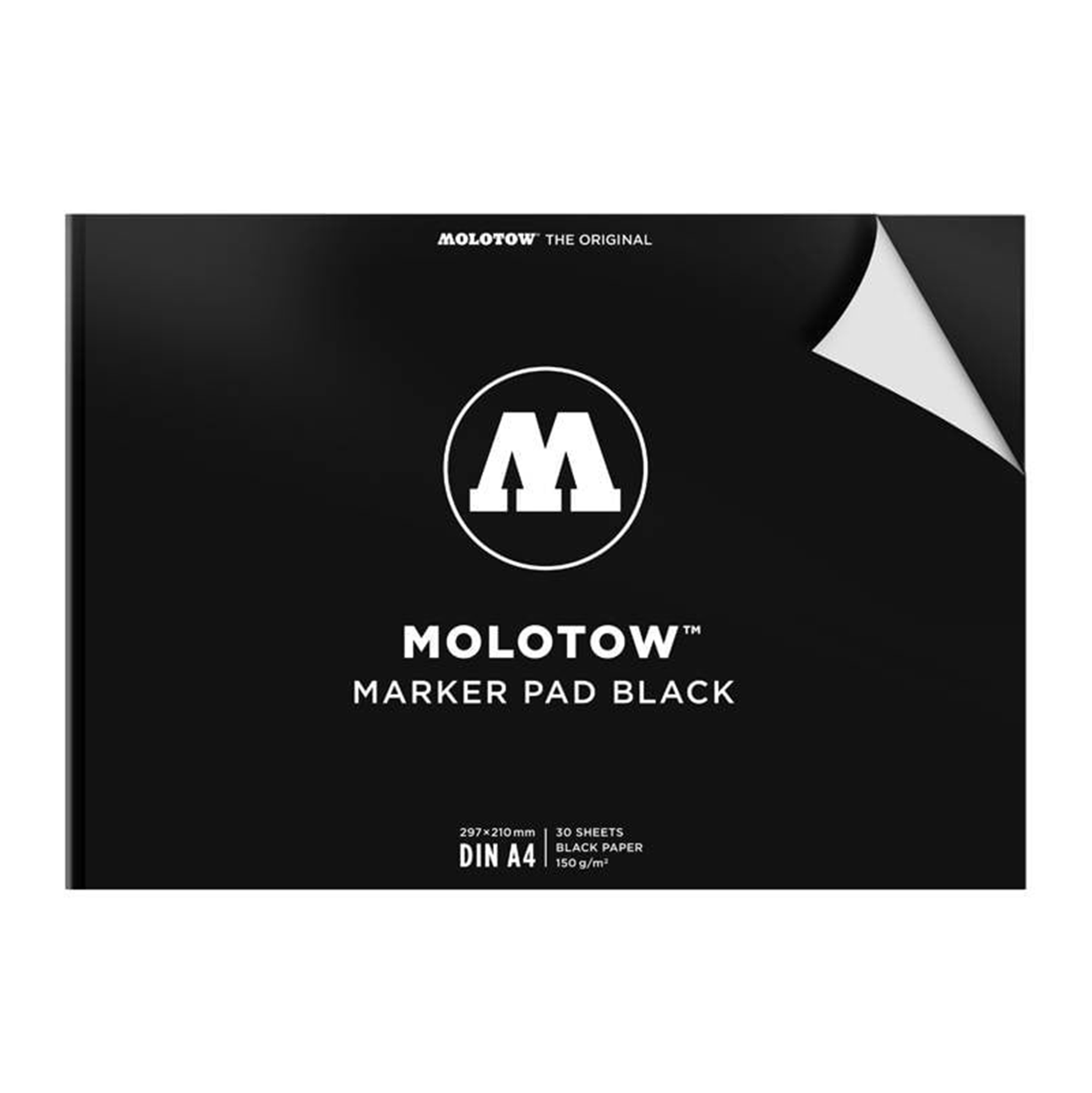 This drawing pad has a black cover with the Molotow logo centered in white. On the front it reads "MOLOTOW MARKER PAD BLACK"
