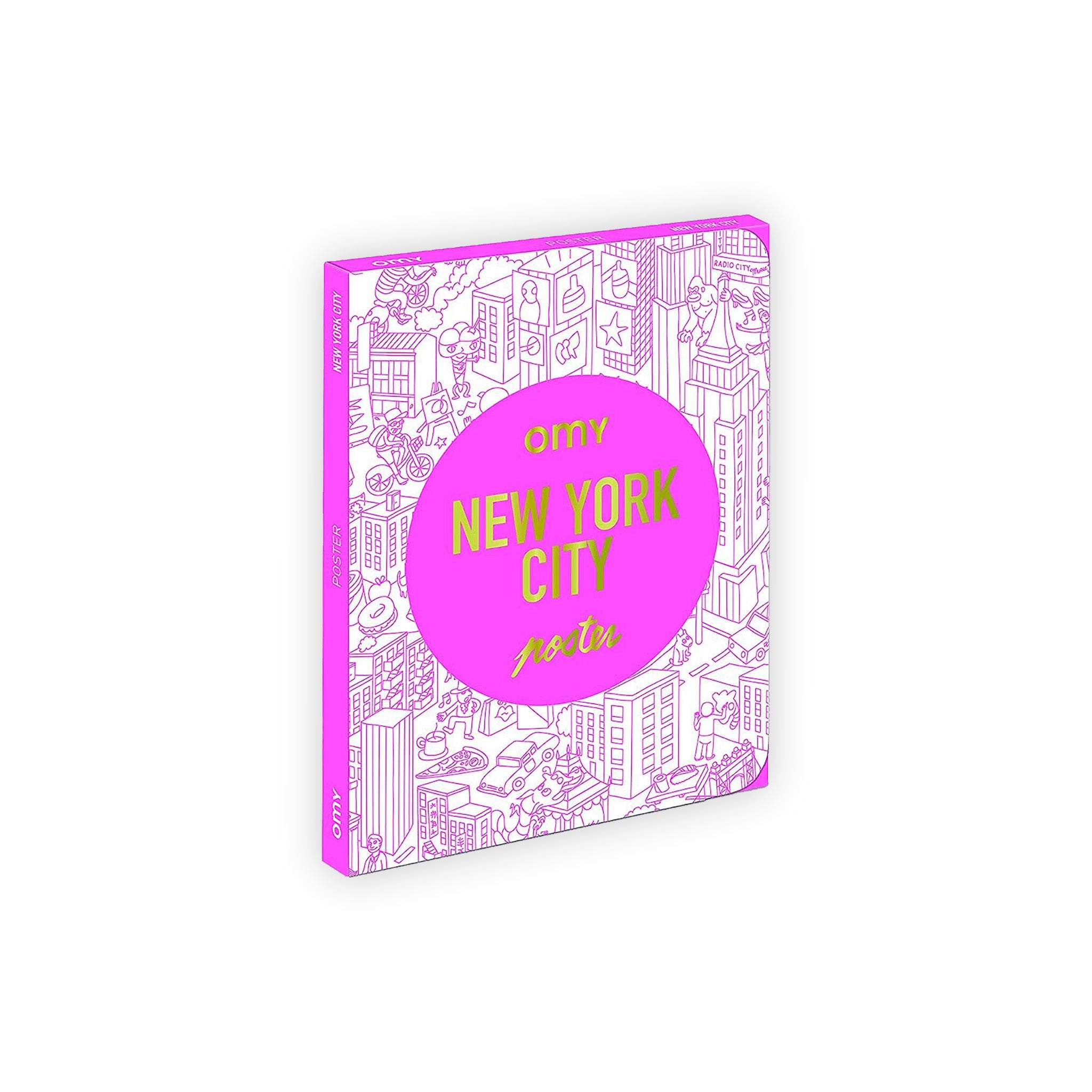 The box for this poster is a bright flourescent pink. The front of the box displays a section of the poster, and in a bright pink circle it reads in gold text "OMY NEW YORK CITY poster"