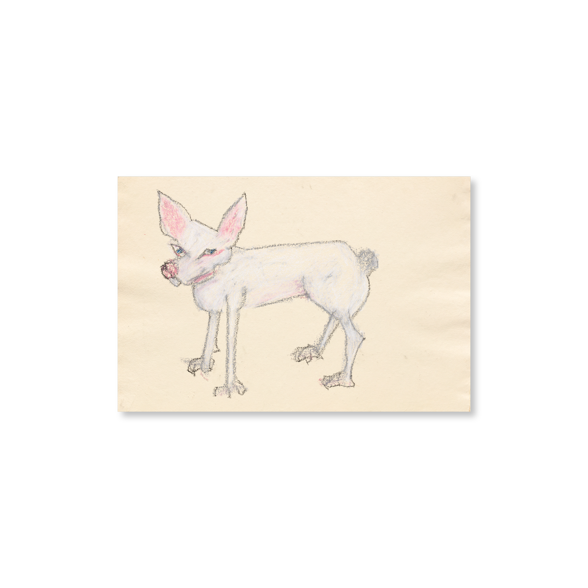 A little dog illustrated, in white, on a beige background.