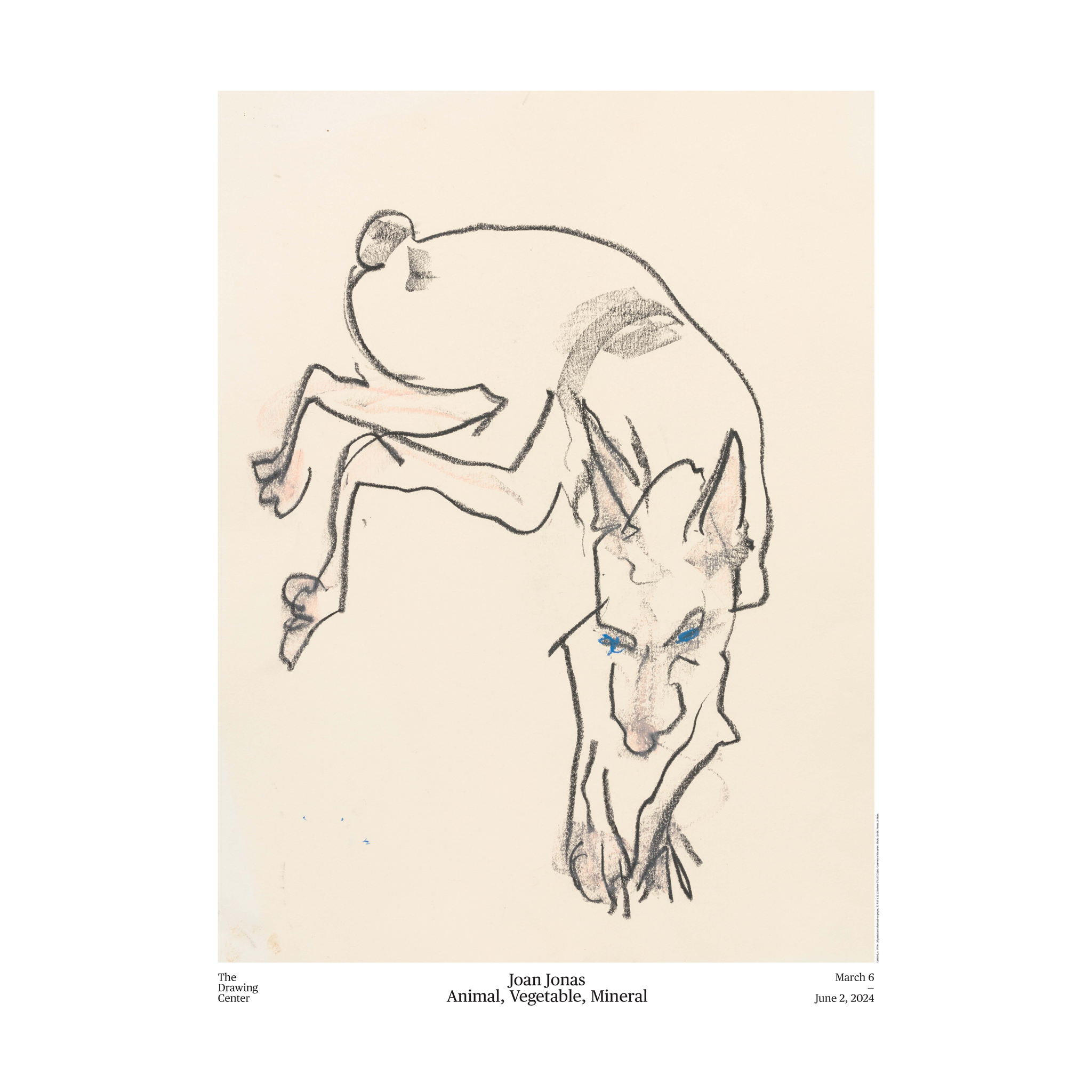 An illustrated imaged of a dog. The dog has blue eyes and sits at the center of an off-white background, which is framed by a white border. The exhibition title and dates are printed in black at the bottom of the image.