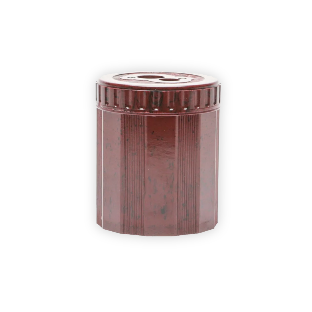 A red marbled pencil sharpener with screw-off top.