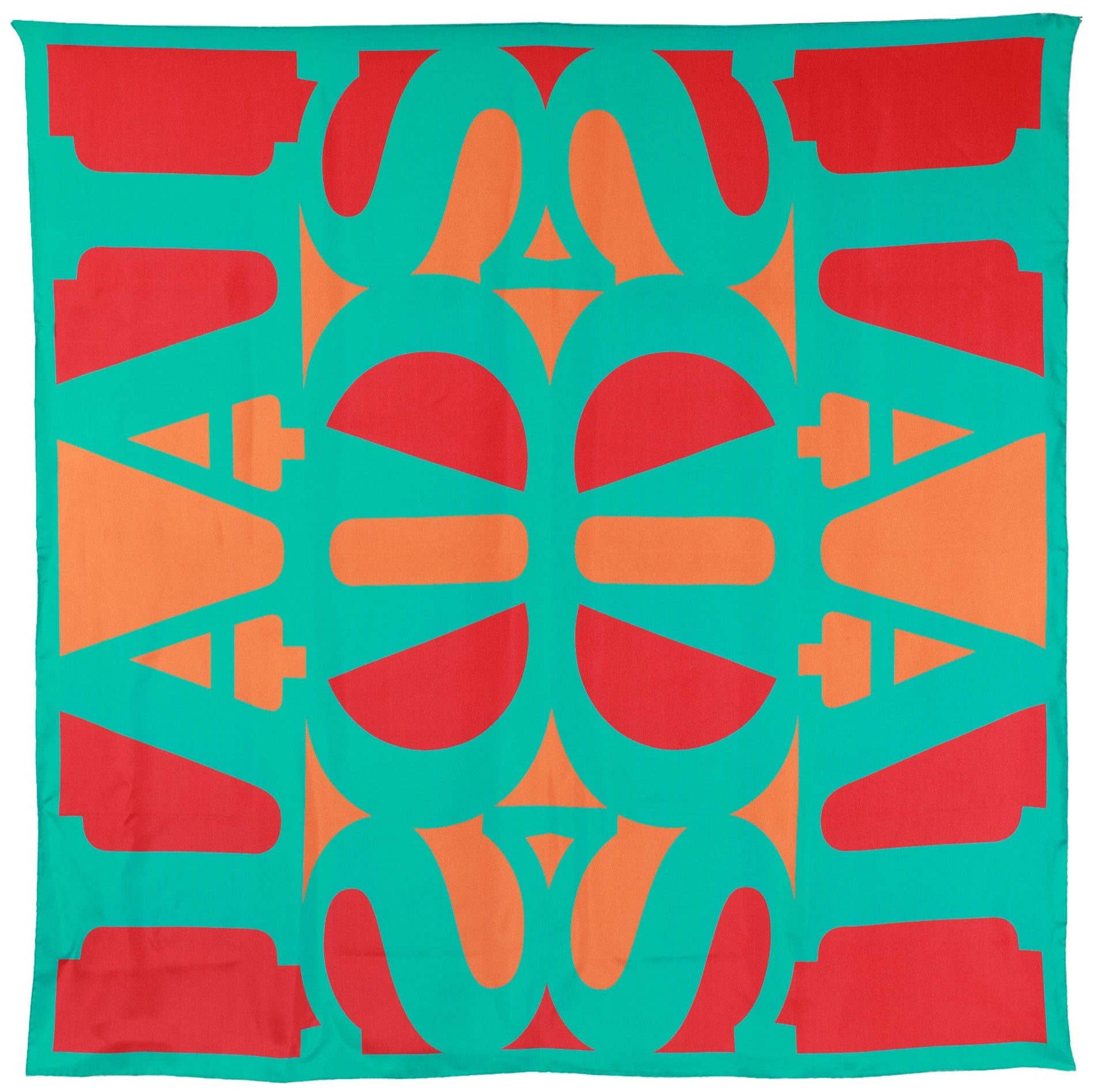 A straight-on view of the Great AIDS scarf unfolded. There is a tesseilating pattern spelling out the word "AIDS" that repeats four times. In the middle of the scarf the "D" letters converge to create an abstract image of a butterfly. 