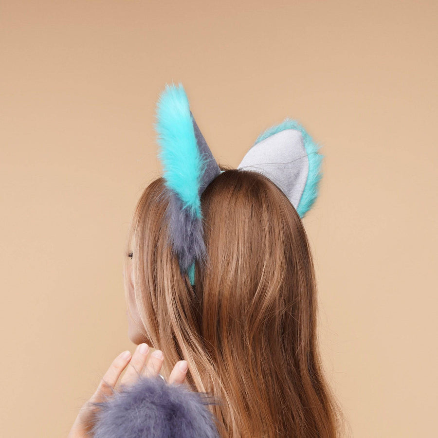Fluffy kitsune ears gray with green tip - OKOVA