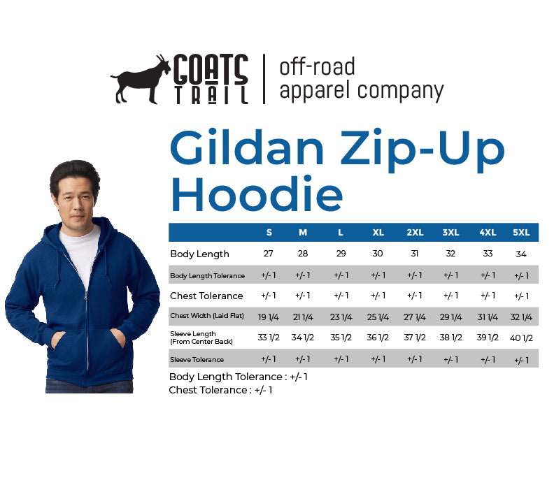 Gildan Zip-Up Hoodie Size Chart Goats Trail Offroad Apparel Company