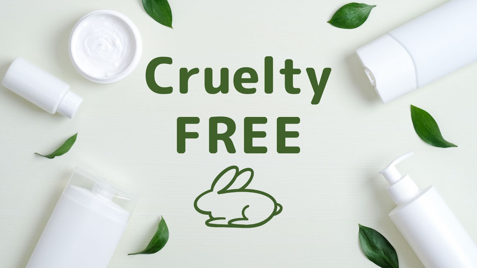 Cruelty-free skincare image with cute rabbit, green leaves, and cruelty free text on white background