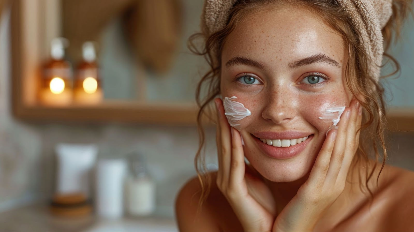 Smiling woman using moisturizer on her face for skincare