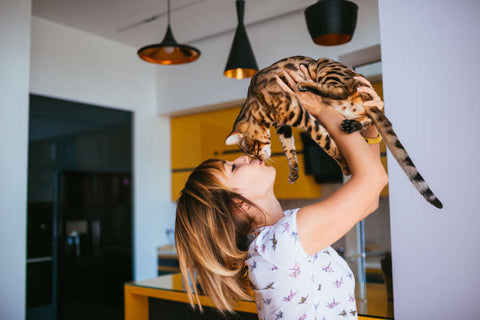 A woman holding a Bengal cat in a modern kitchen with a yellow wall.