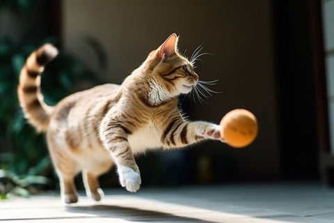 A tabby cat jumping to catch an orange ball in a room with a window.