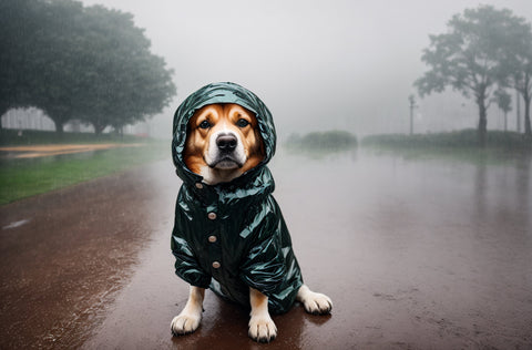A dog in a raincoat in the rain. Dog raincoats can go a long way in sheltering pets from the rain.
