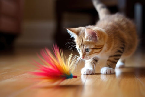 A small orange tabby kitten playing with a colorful feather toy on a wooden floor.