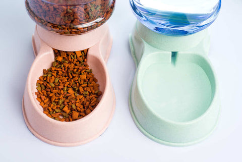 Two pet food dispensers on a white background, one peach-colored with dry cat food and one mint-green with a blue water bottle, both with bowls at the bottom.