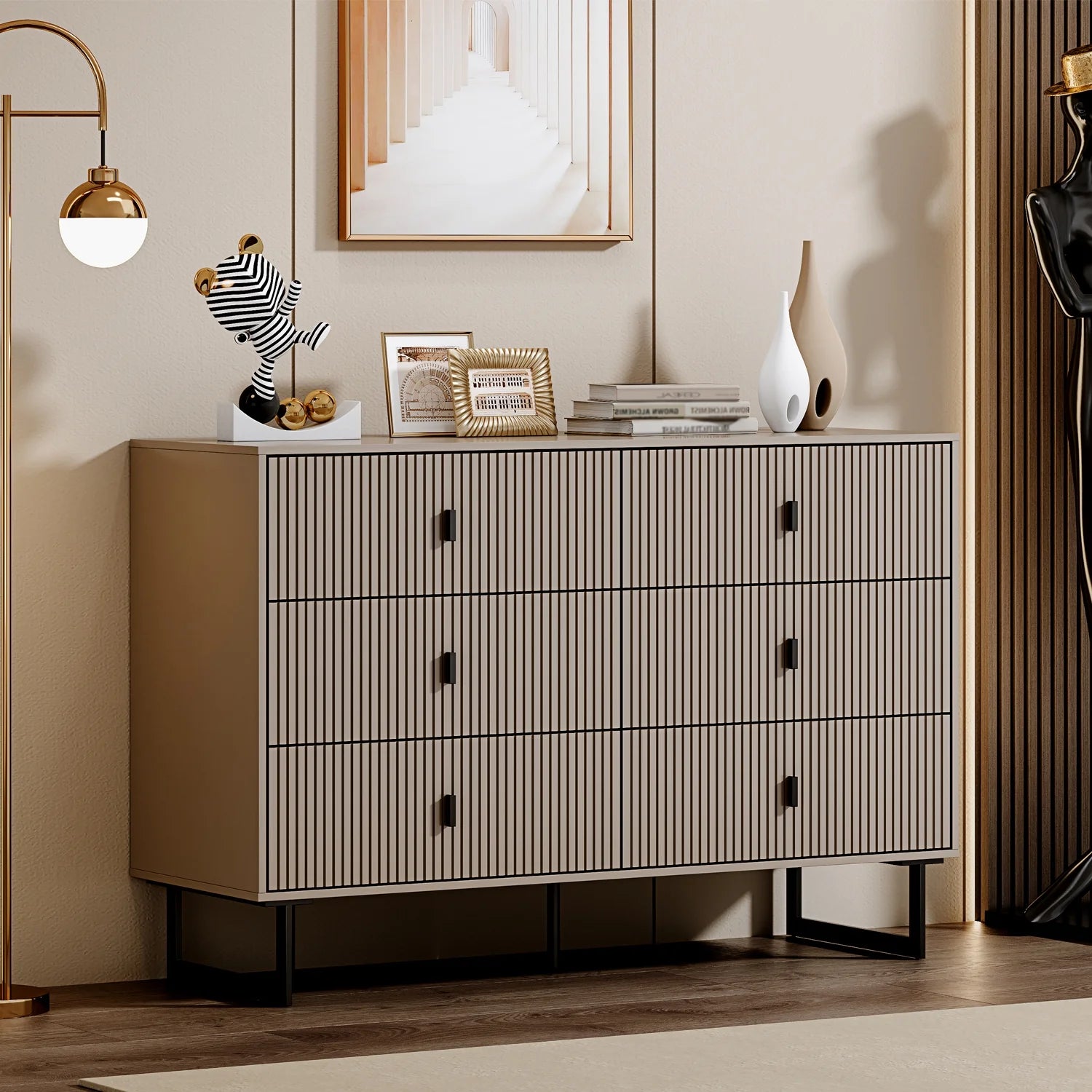 Grey 6 Drawer Dresser for Bedroom, Large Double Dresser with Wide Drawers, Modern Chest of Drawers,Storage Organizer Dresser,Nursery Dresser,for Living Room, Hallway, Bedroom, Kids Bedroom