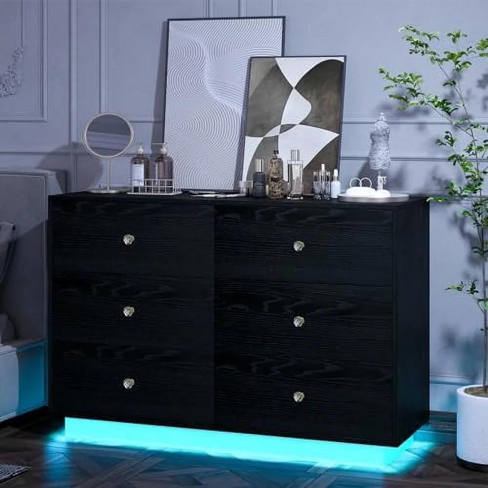 RUNFAYBIU White 6 Drawer Dresser LED  Chest of Drawers for Bedroom with LED Lights  White 6 Drawers Dresser for Bedroom  Floating Modern 6 Drawer Dresser with  Handle  Living Room  Entryw