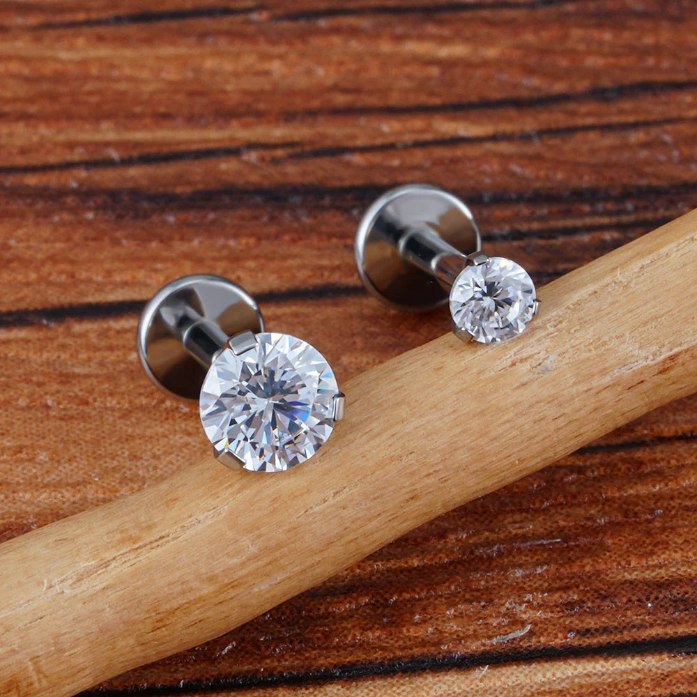 Single diamond stud earring with a cz stone titanium 2.5mm 3mm 4mm labret stud 16G flatback Ashley Piercing Jewelry