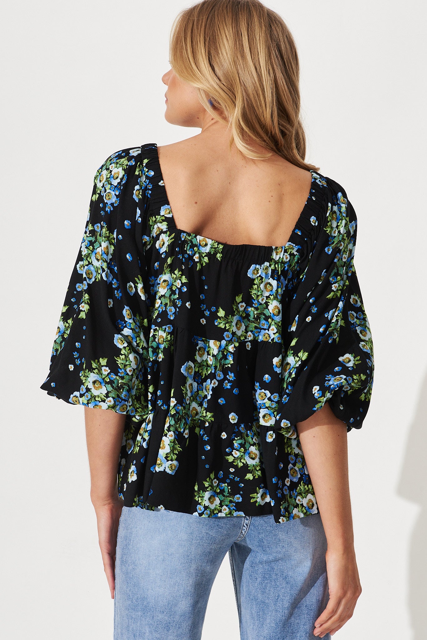 Huntley Smock Top In Black With Blue Floral