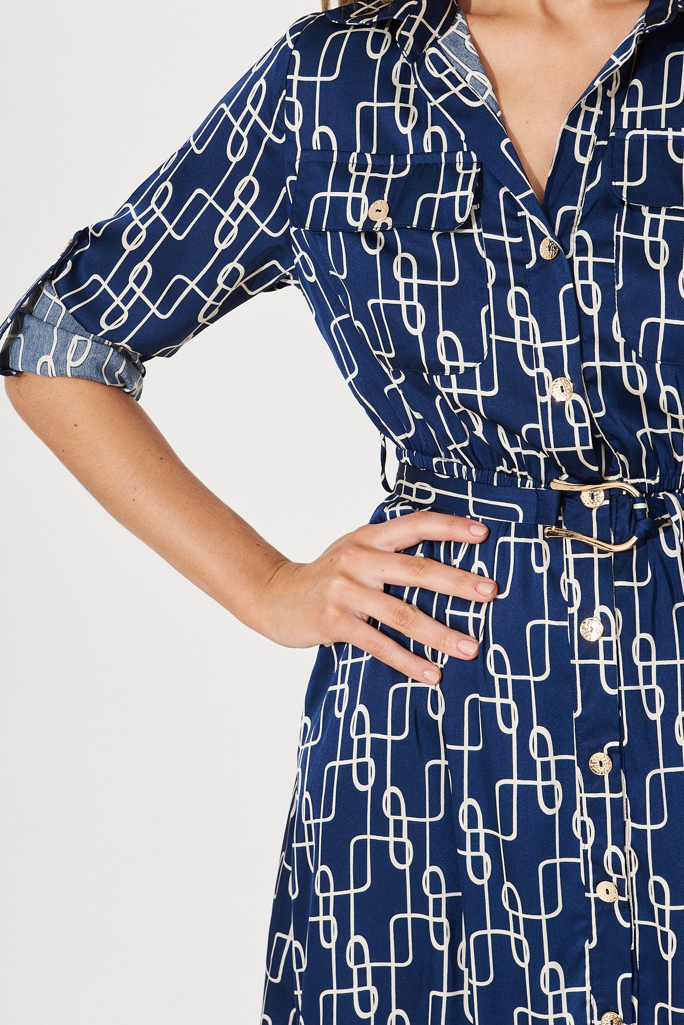 Divinity Midi Shirt Dress In Navy With Cream Chain Print