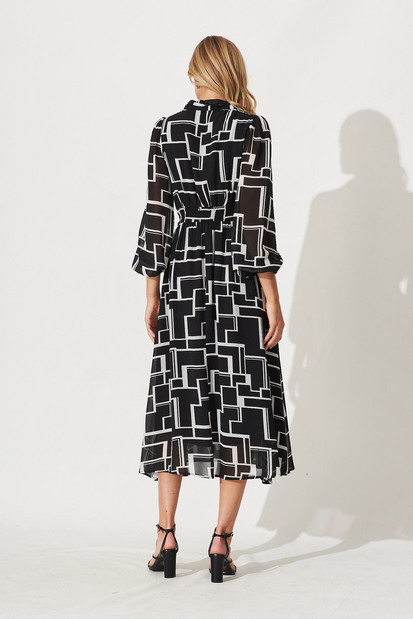 Lustre Midi Dress In Black With White Geometric Print Chiffon