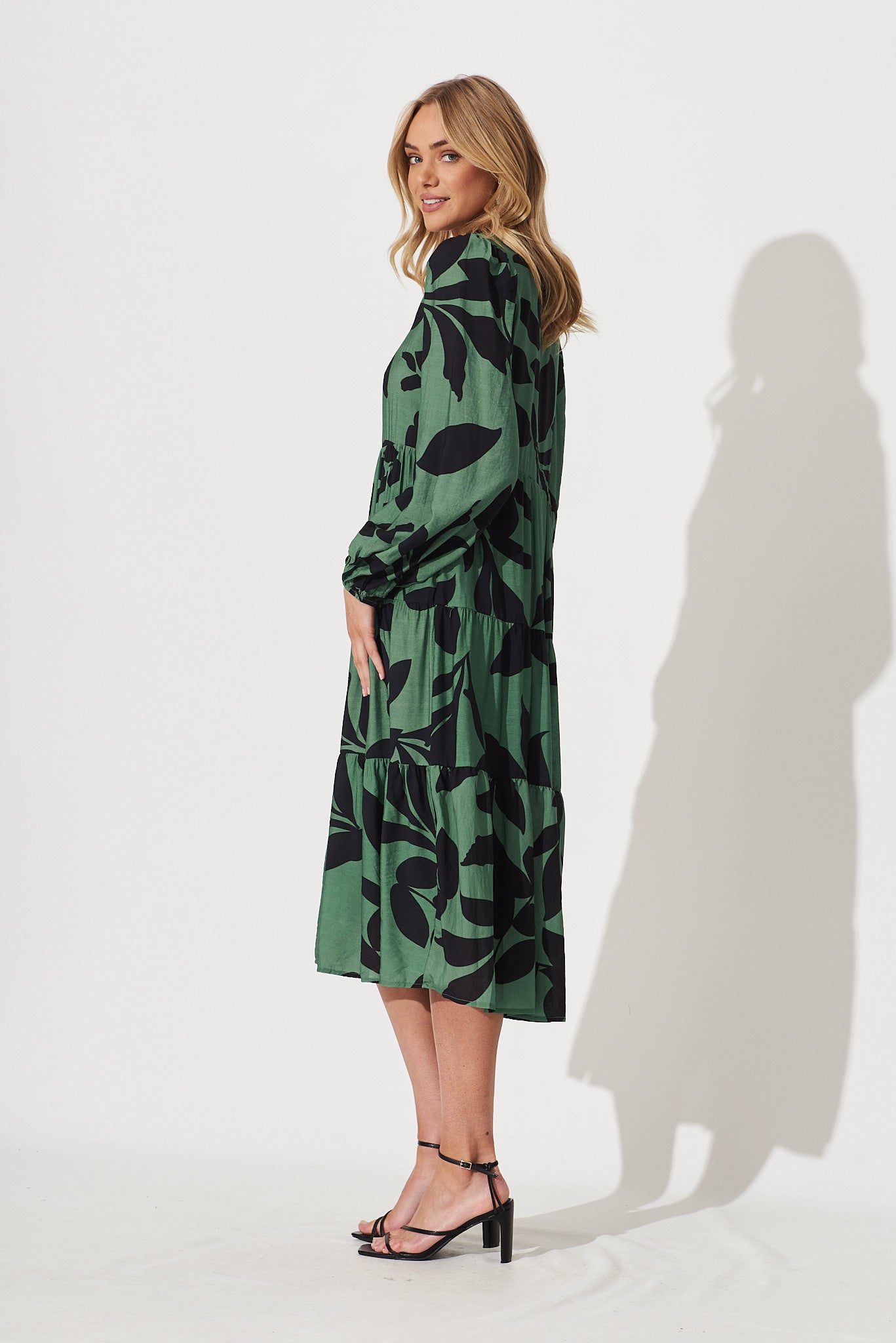 Bienne Midi Shirt Dress In Green With Black Leaf Print Cotton Blend