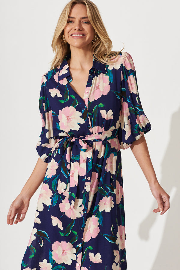Francy Midi Shirt Dress In Navy With Blush Floral – St Frock