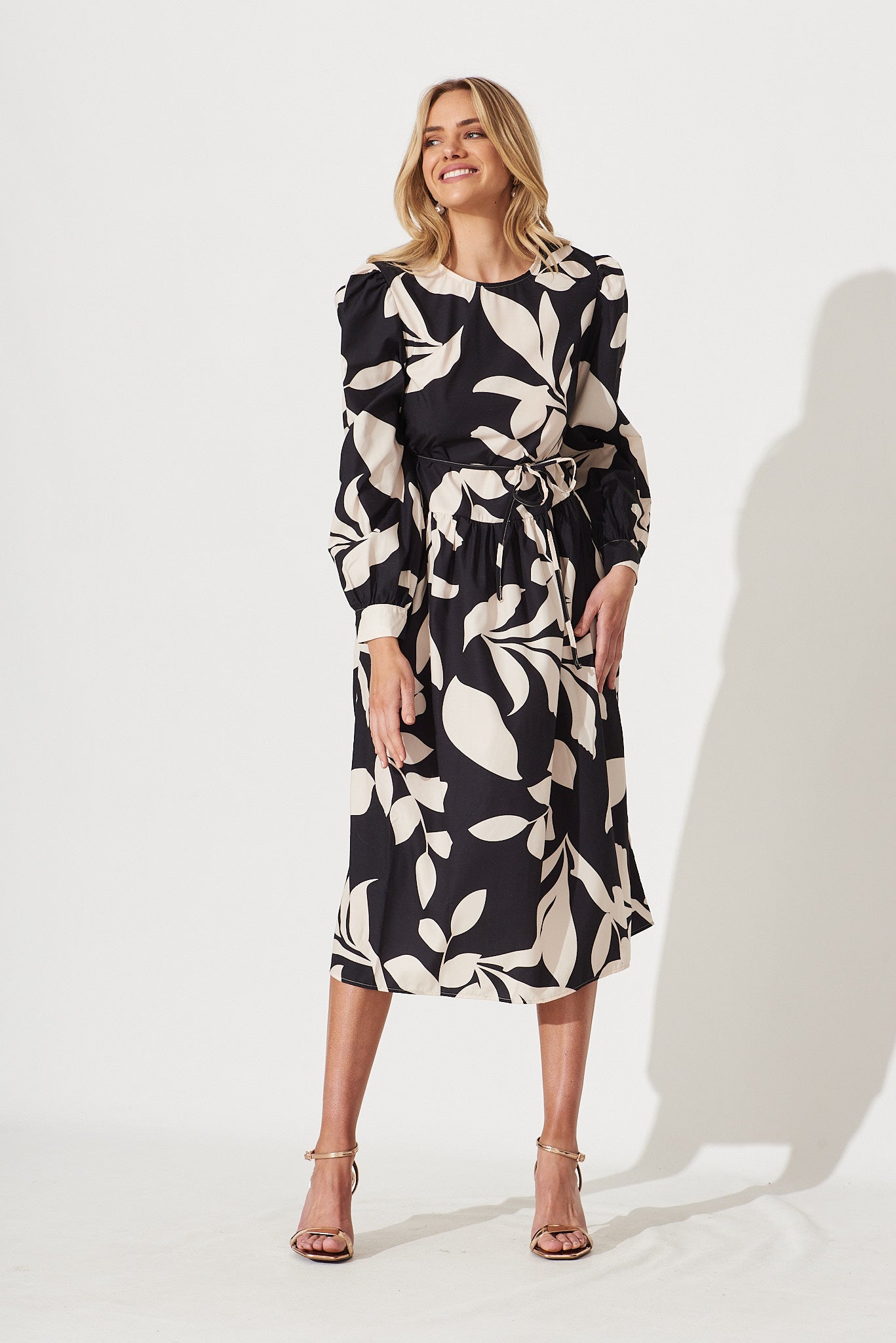 Caen Midi Dress In Black With Cream Floral Cotton Blend