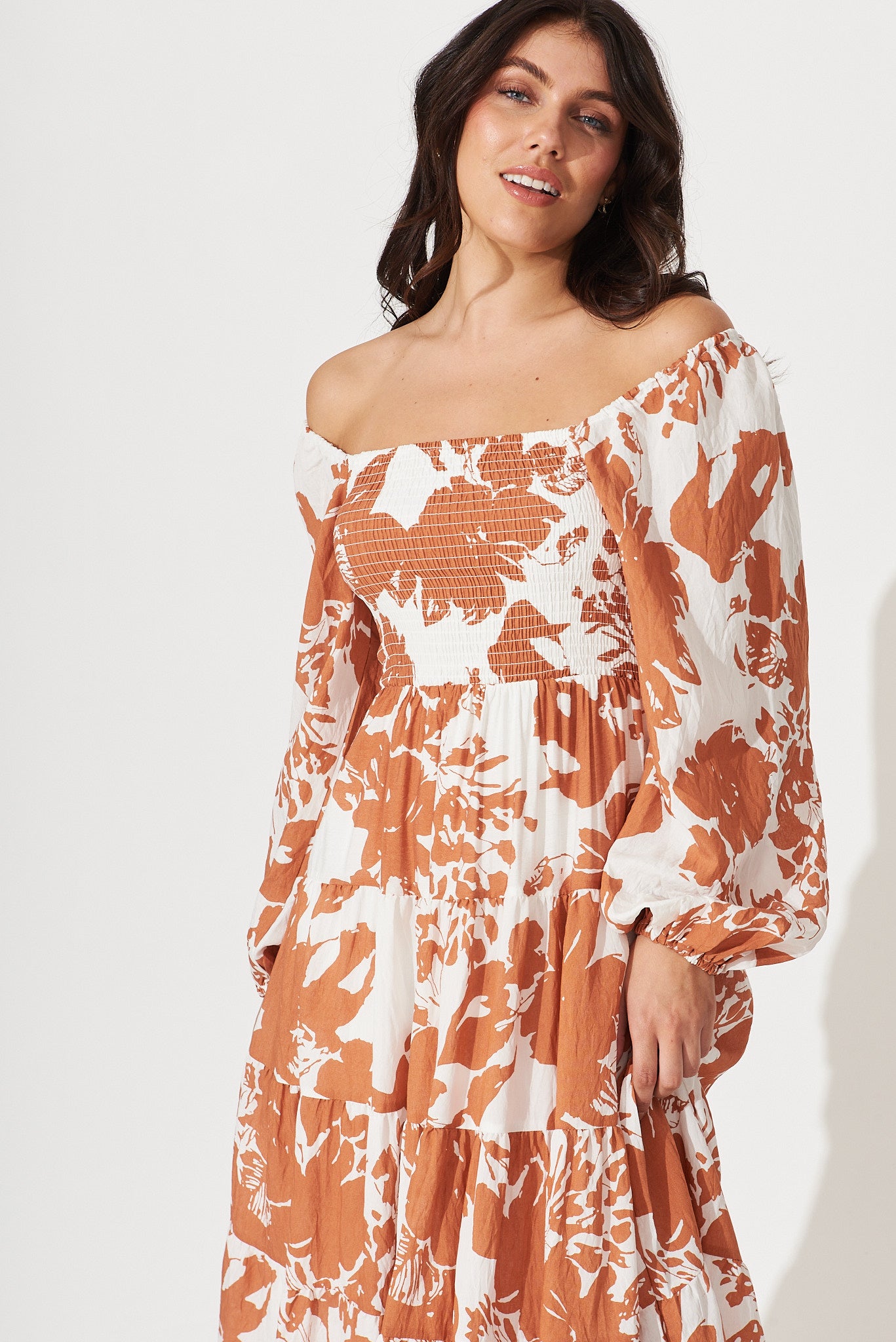 Kait Midi Dress In White With Brown Floral