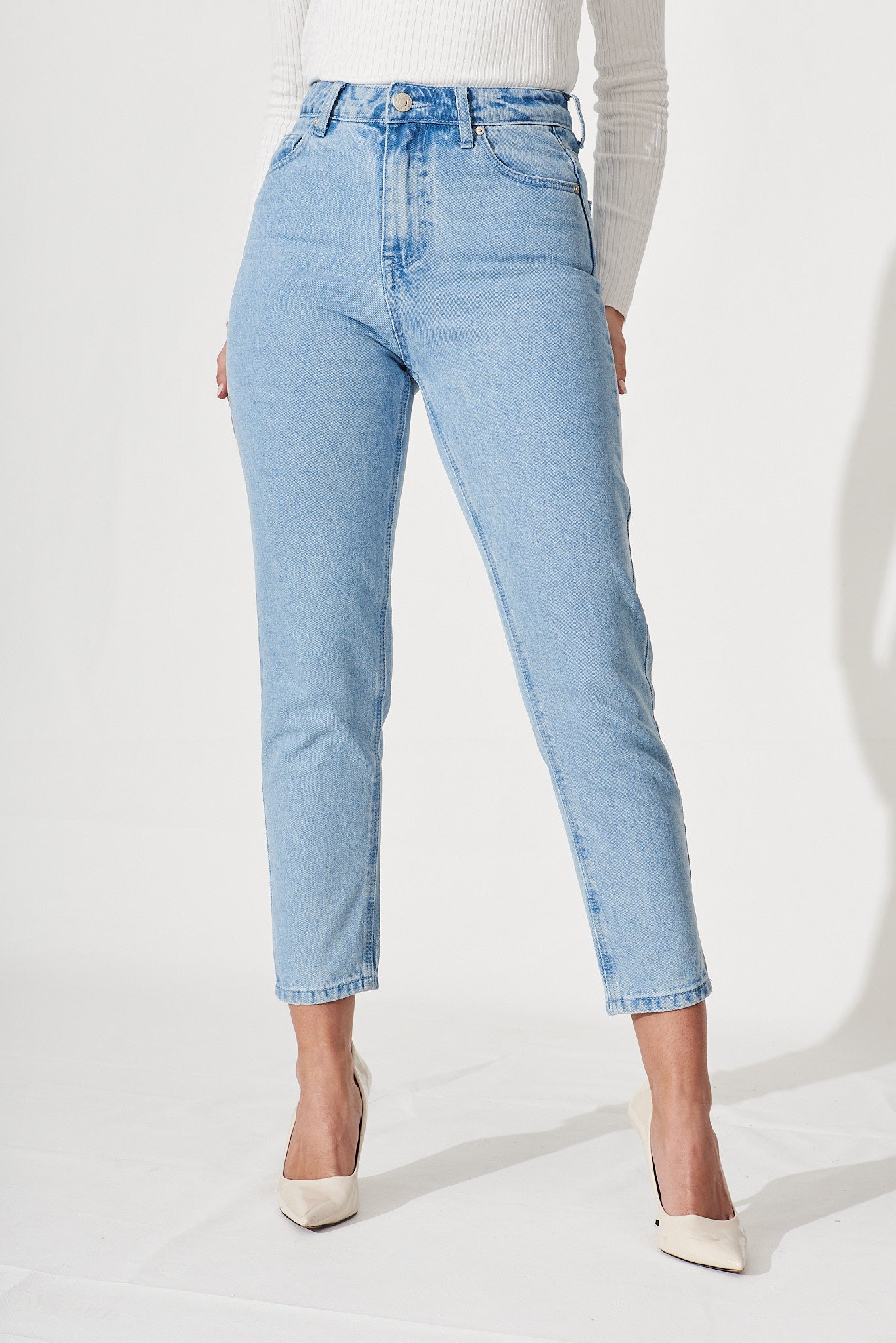 Kaiya High Rise Straight Leg Jean In Mid Blue Denim