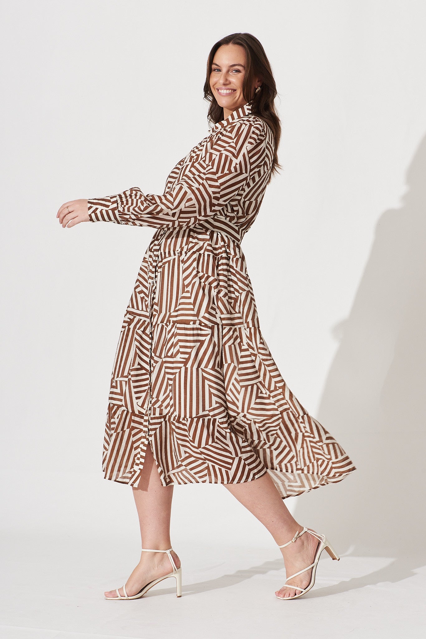 Clermont Midi Shirt Dress In Brown With Cream Print