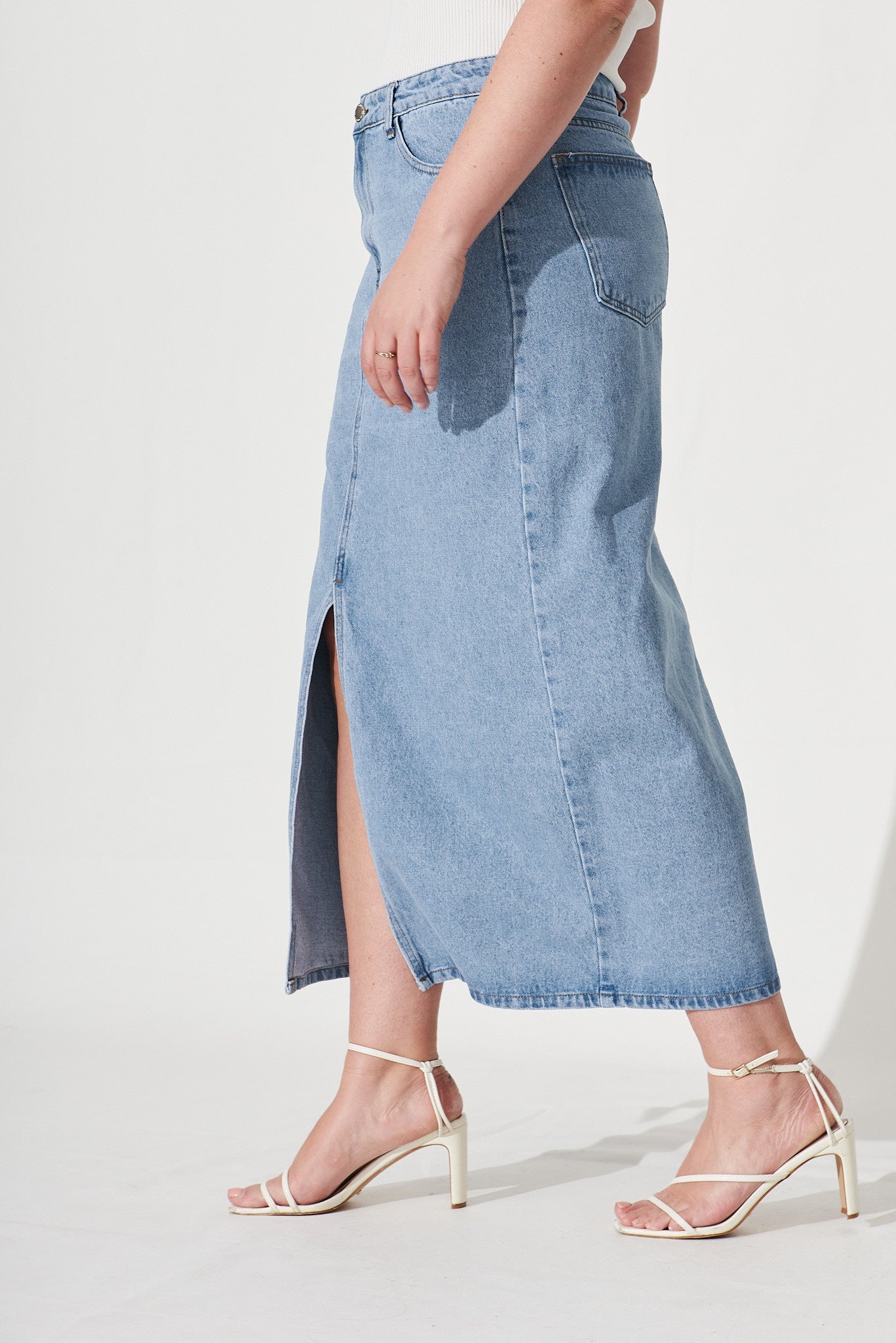 Lattice Maxi Denim Skirt In Light Blue Wash