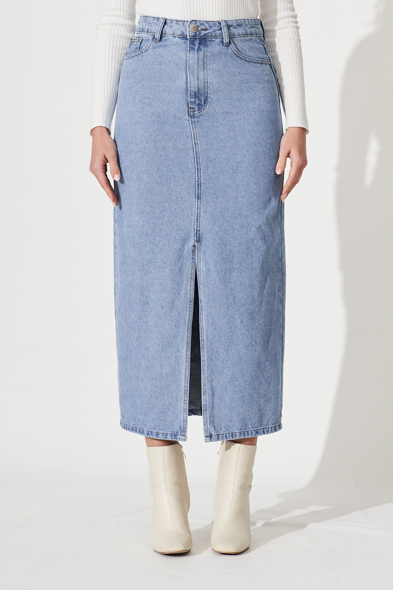 Lattice Maxi Denim Skirt In Light Blue Wash