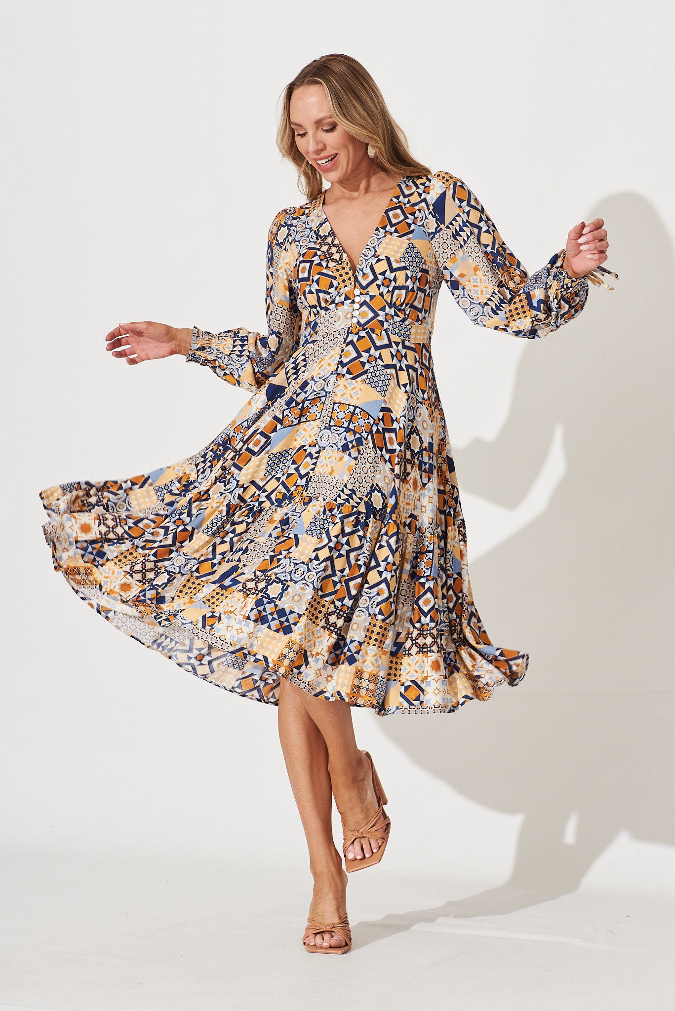 Harper Midi Dress In Blue Tile Print