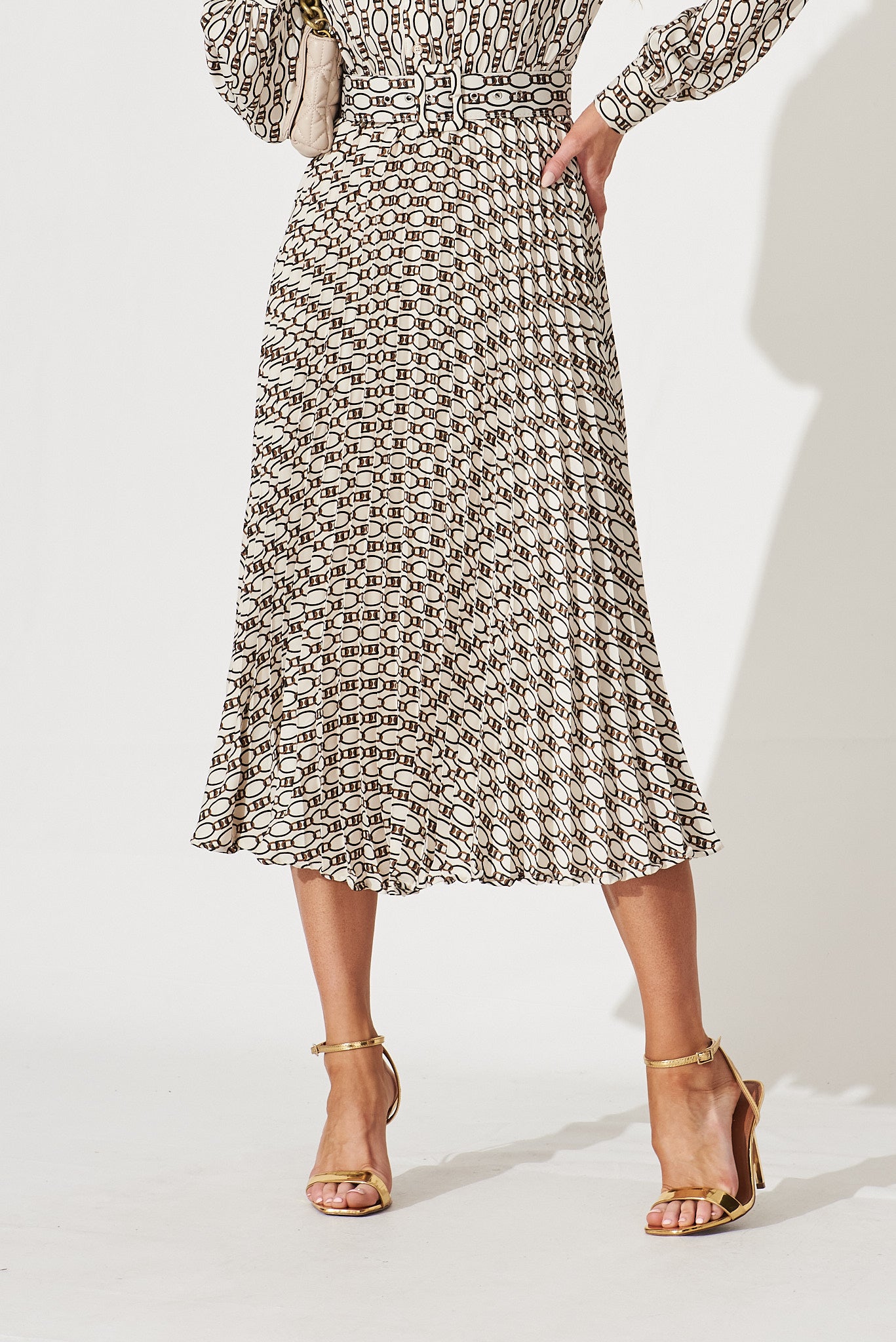 Cyrus Midi Dress In Cream Chain Print Satin