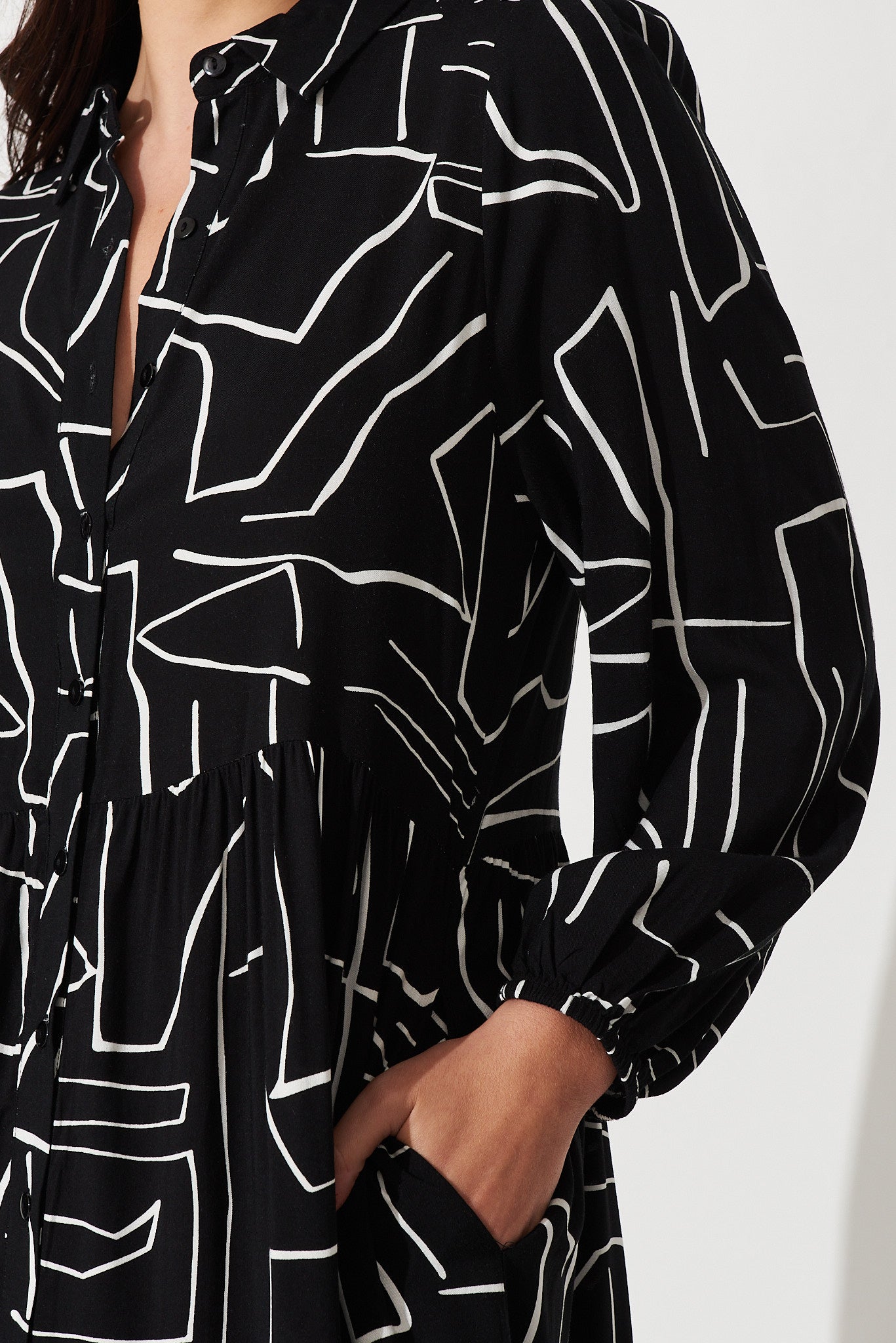 Adele Midi Shirt Dress In Black With White Geo Print