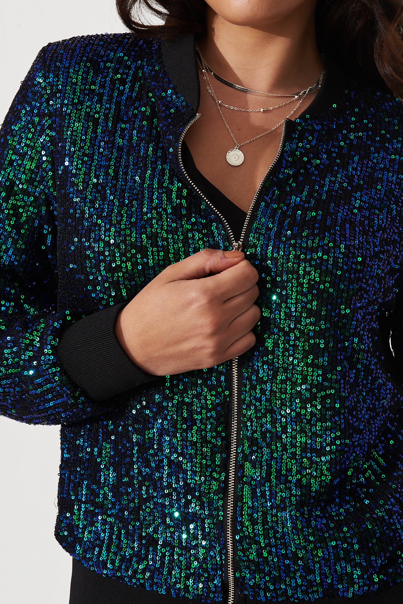 Athena Bomber Jacket In Green Sequin