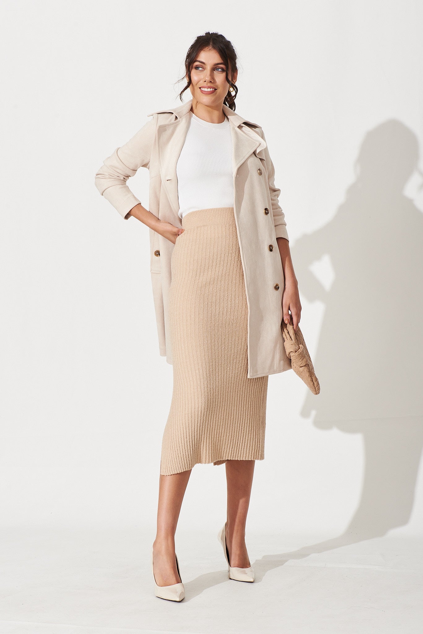 Jennifer Midi Knit Skirt In Beige