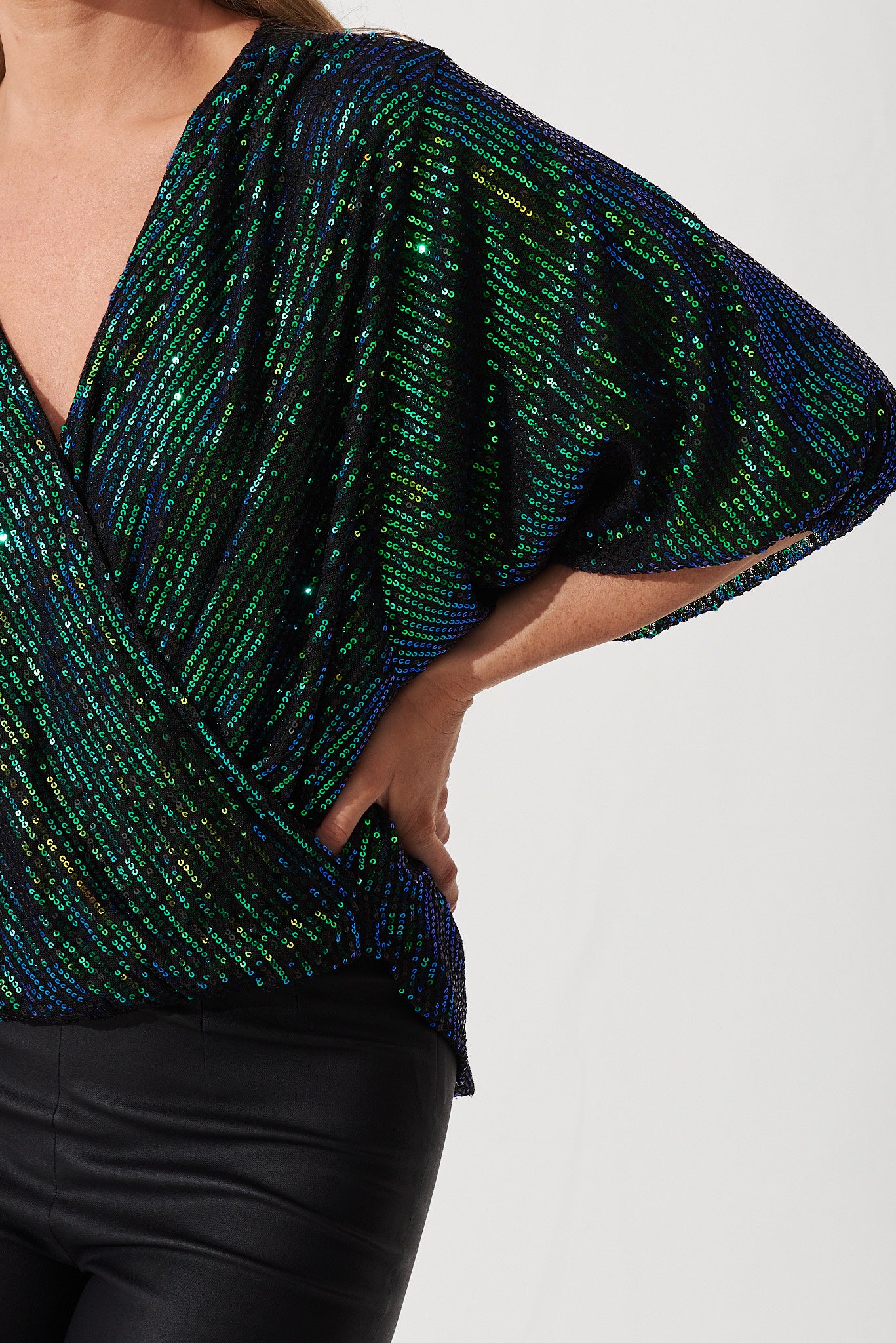 Celebration Sequin Mock Wrap Top In Bright Green