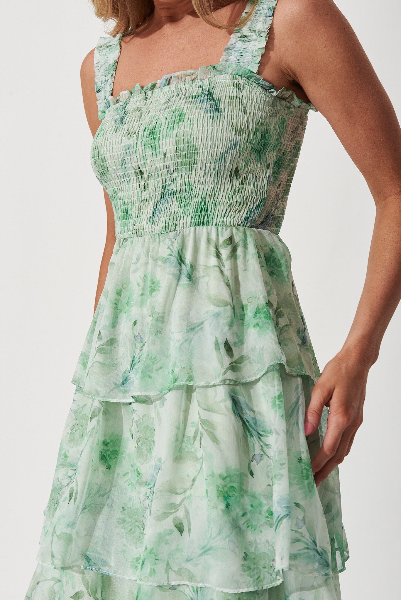 Briony Maxi Dress In Green Watercolour Floral Chiffon