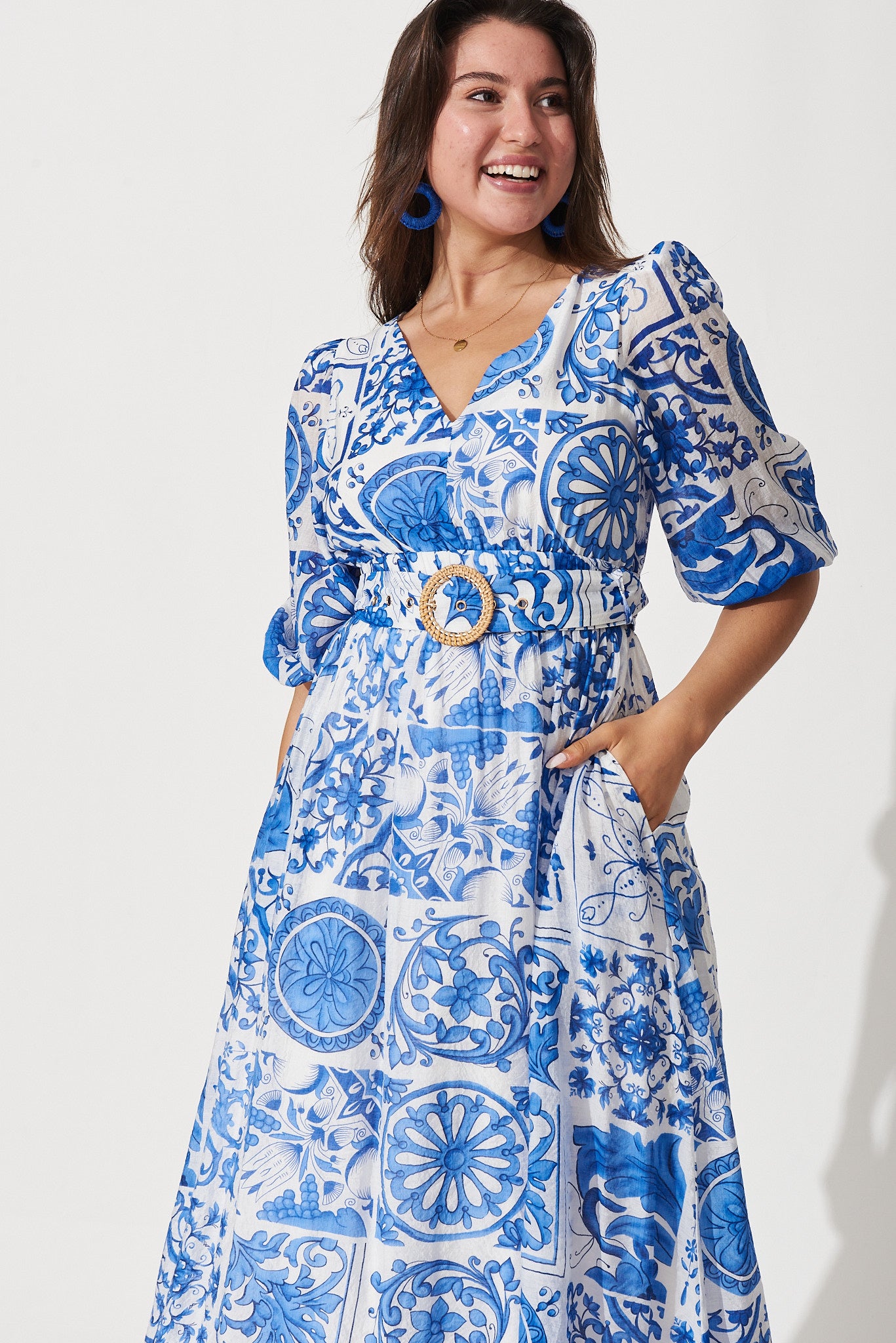 Adrina Maxi Dress In White With Blue Tile Print