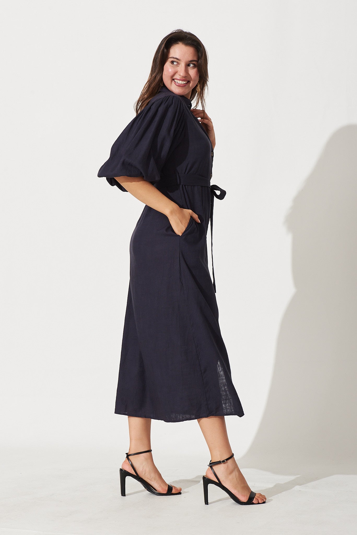 Admire Maxi Shirt Dress In Navy Cotton Linen Blend