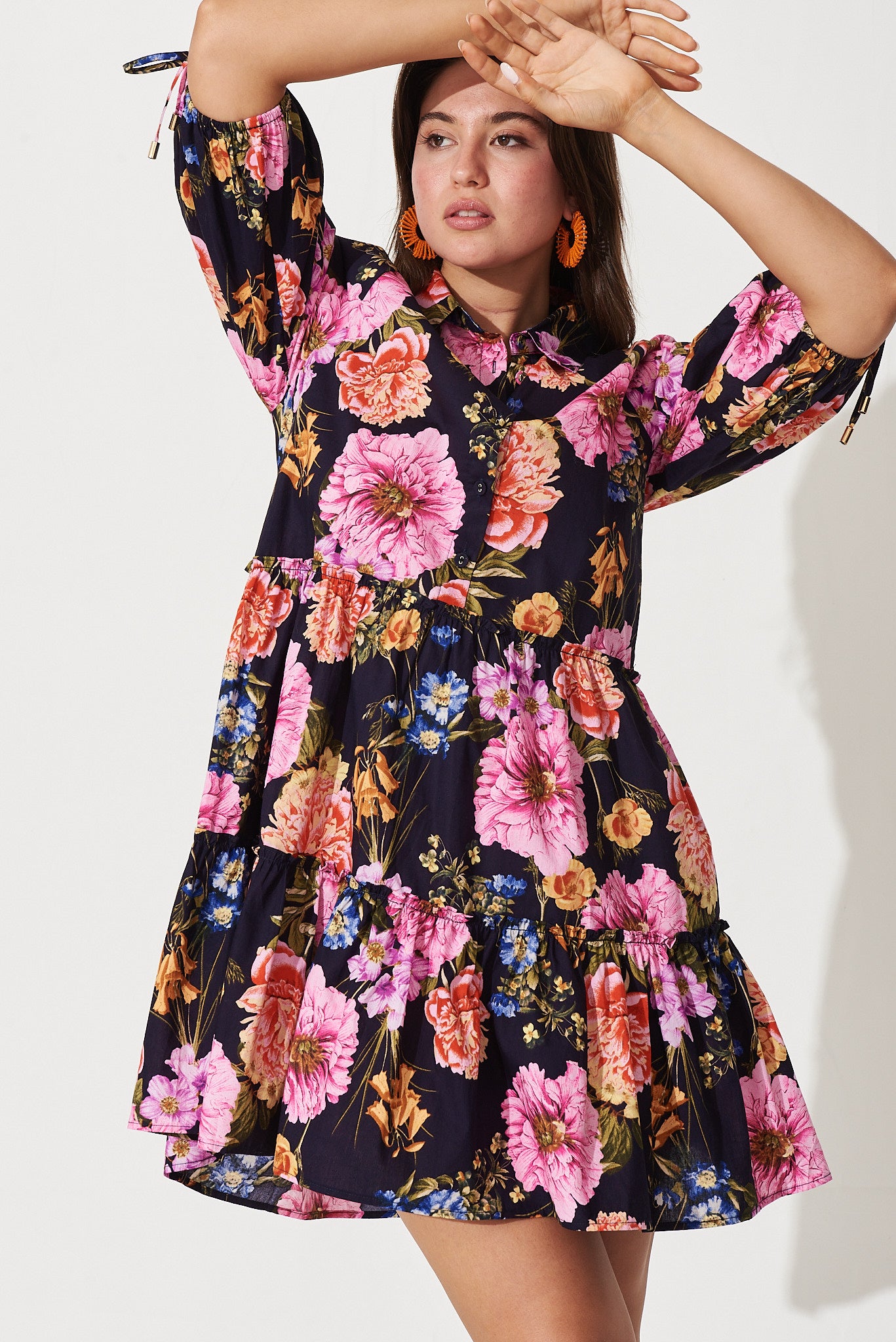 Daydream Shirt Dress In Navy With Pink Multi Floral Cotton