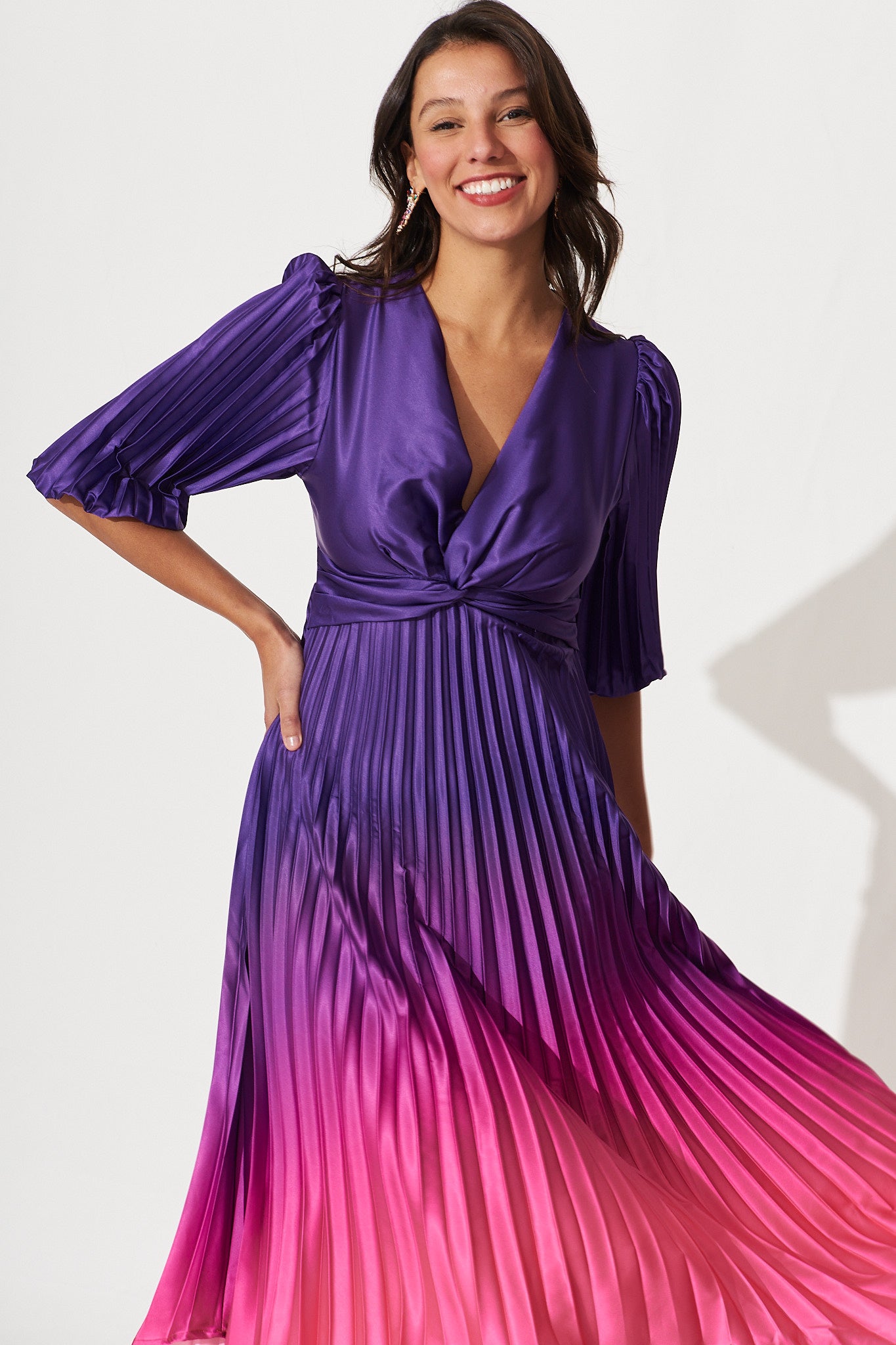 Florence Midi Dress In Purple Ombre Pleated Satin