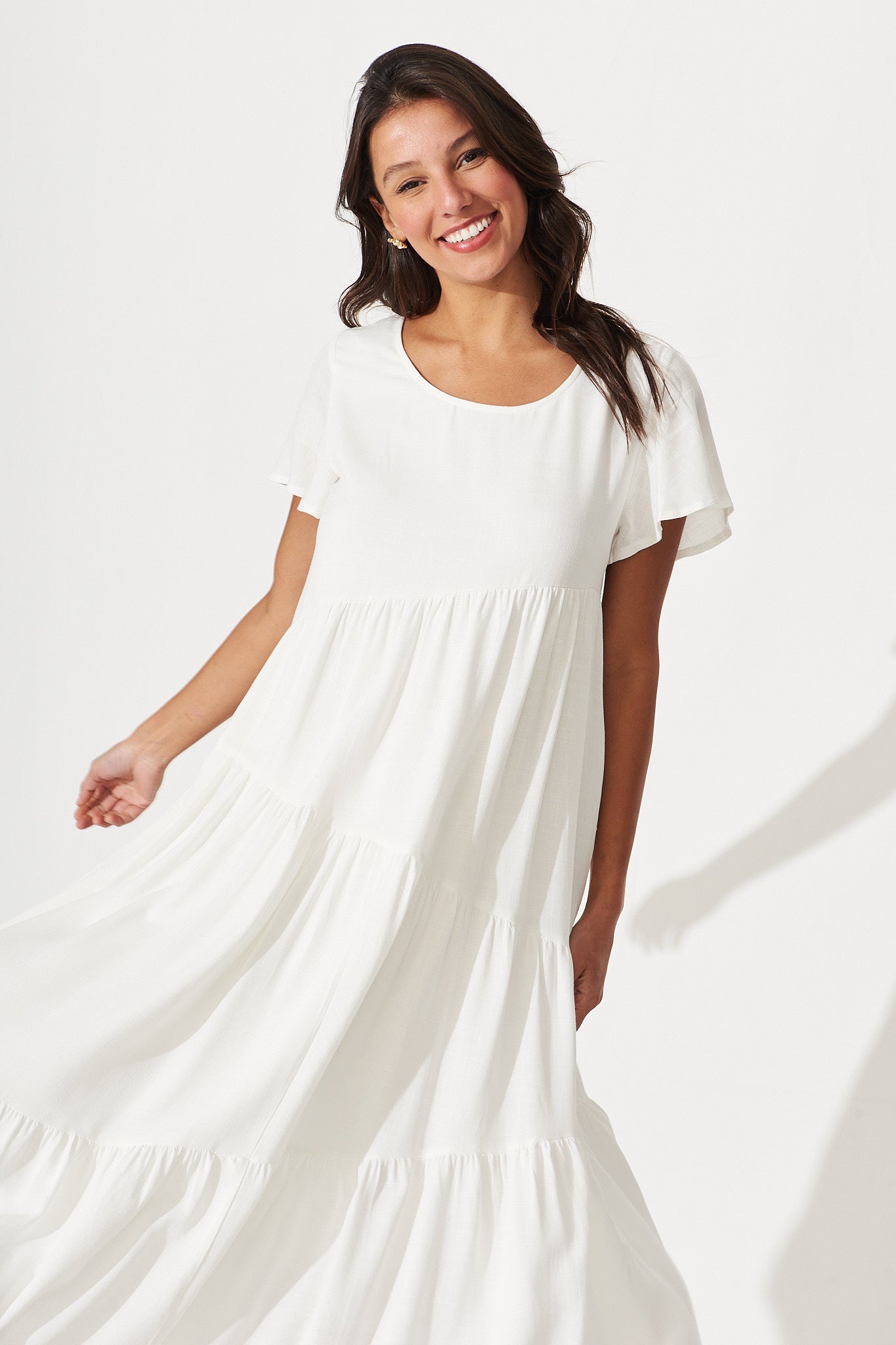 Louisiana Midi Smock Dress In White Linen Blend