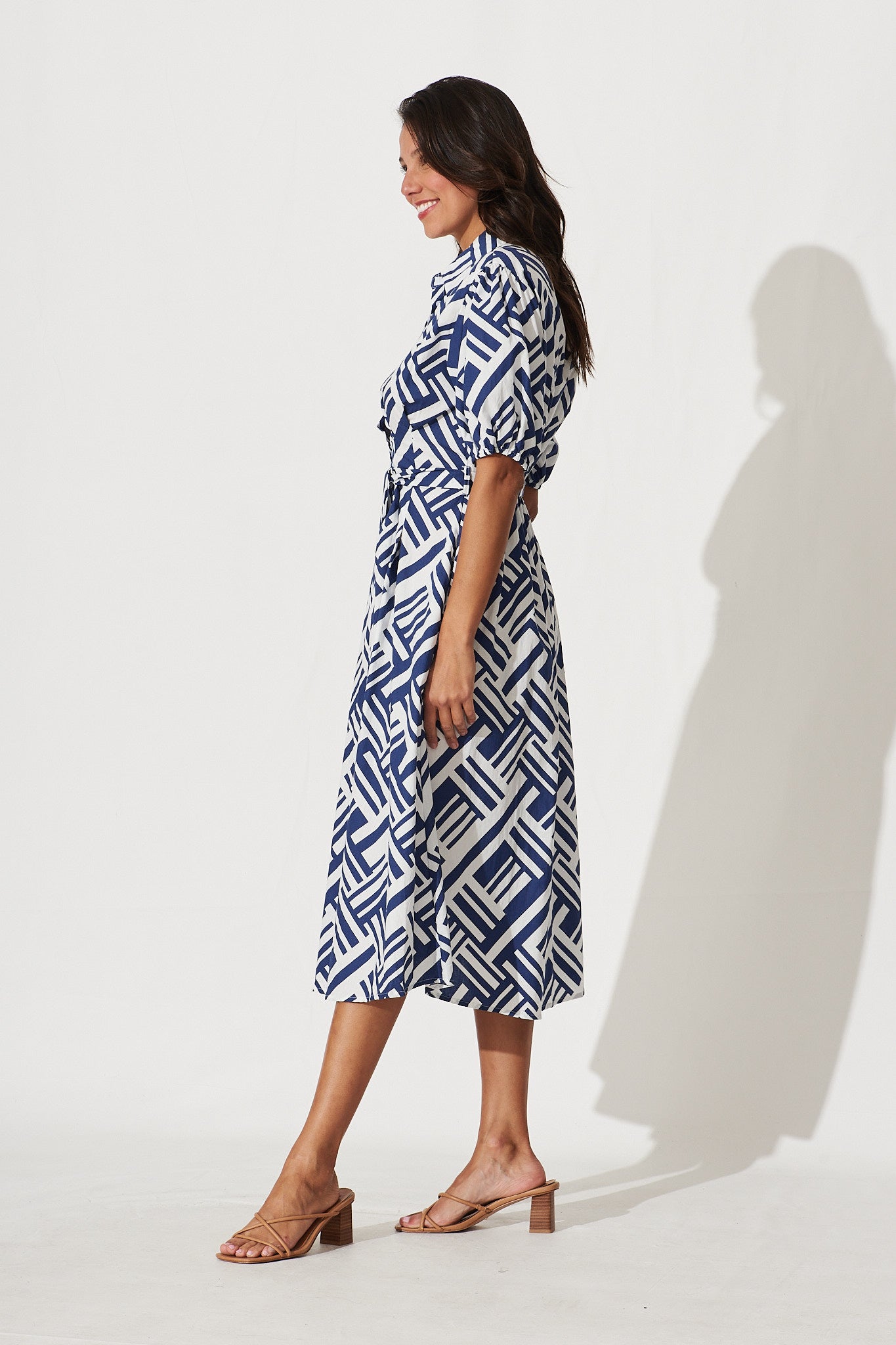 Lou Midi Dress In White And Blue Geometric Print Cotton