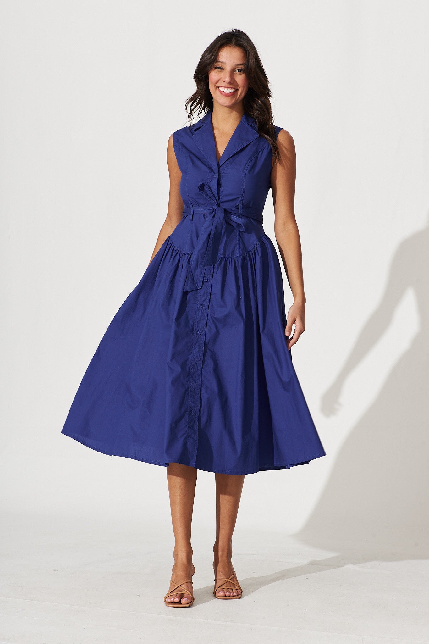 Kelly Midi Shirt Dress In Navy Cotton