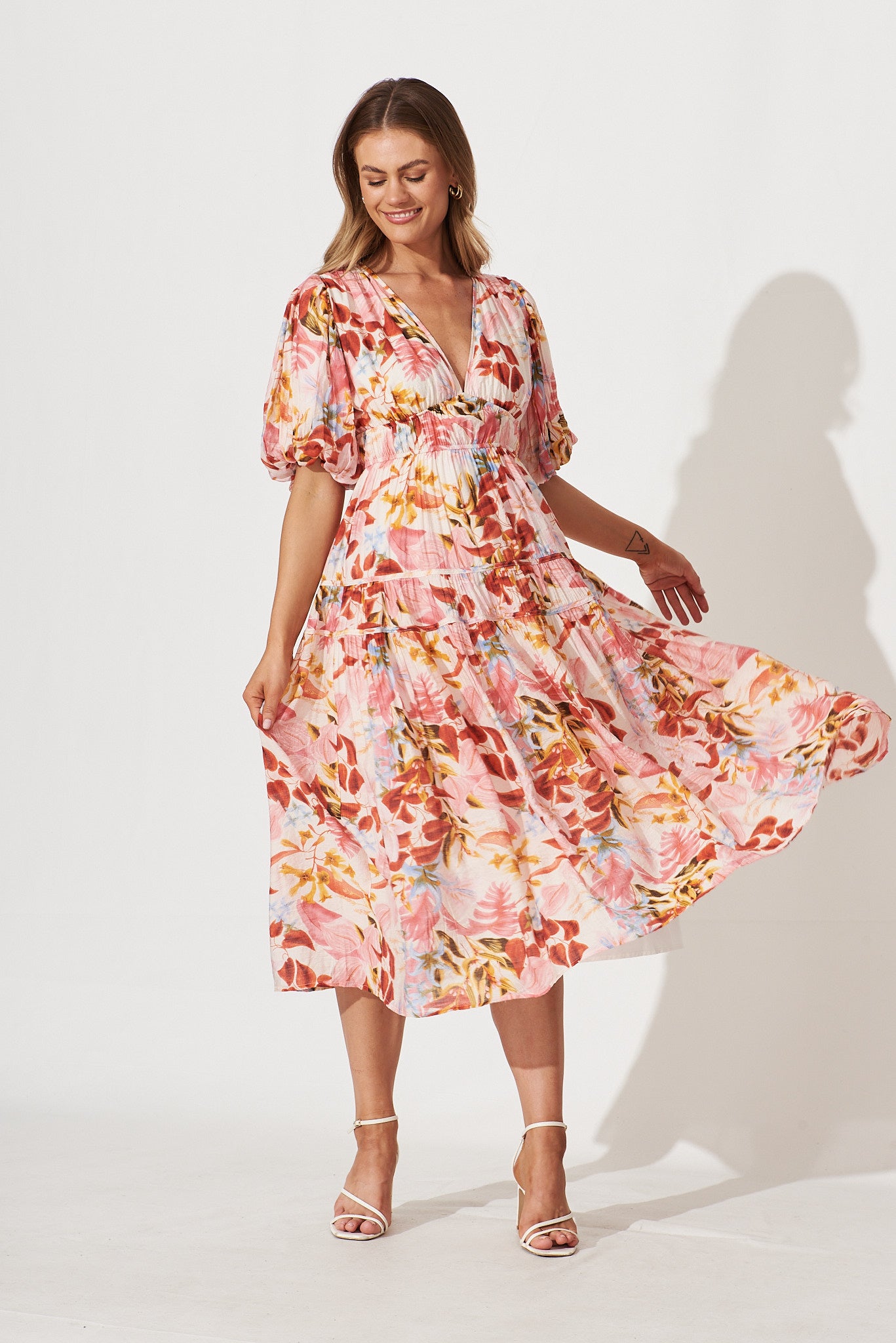 Amalie Midi Dress In Pink With Red Leaf Print