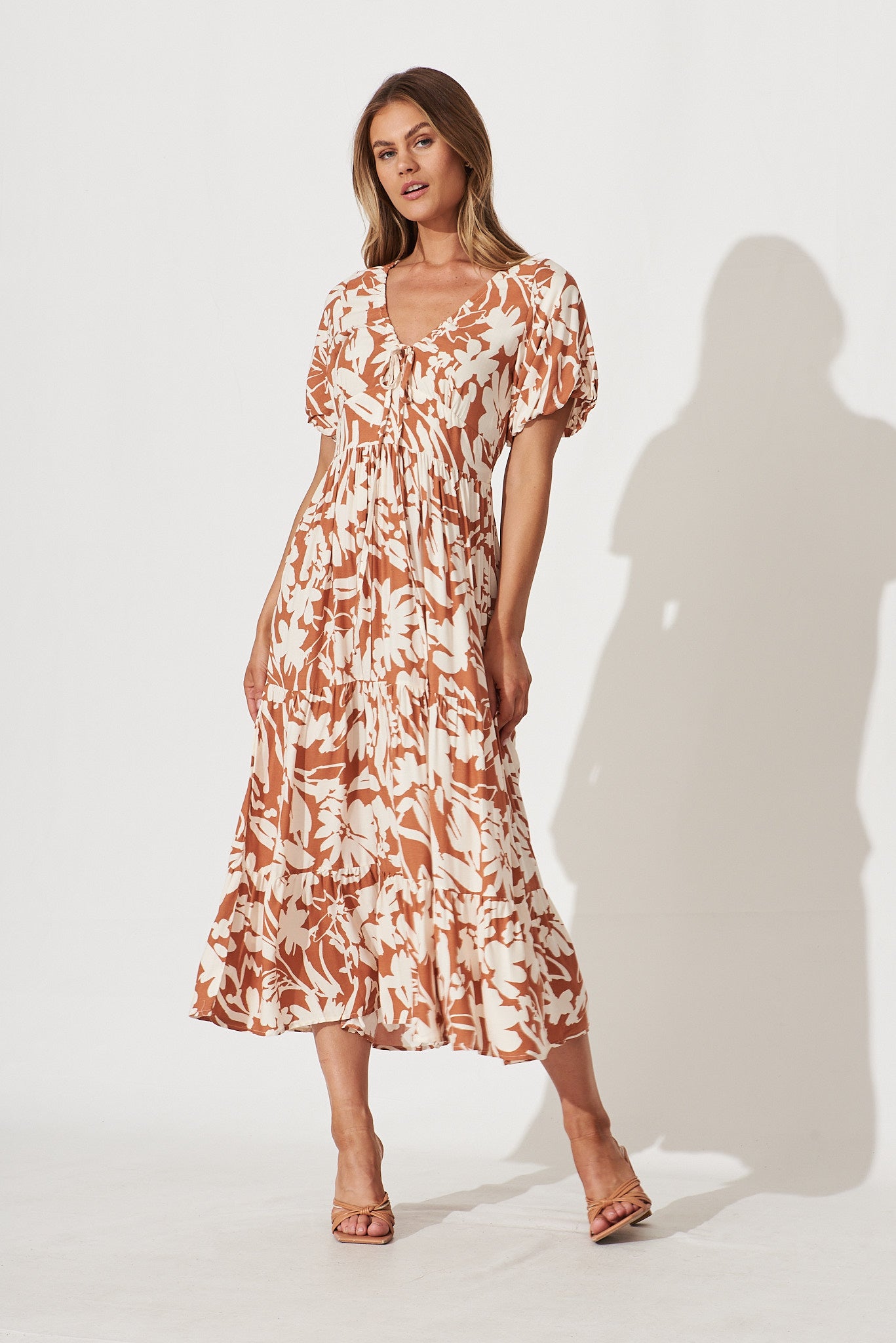 Julia Midi Dress In Brown With Cream Floral Print