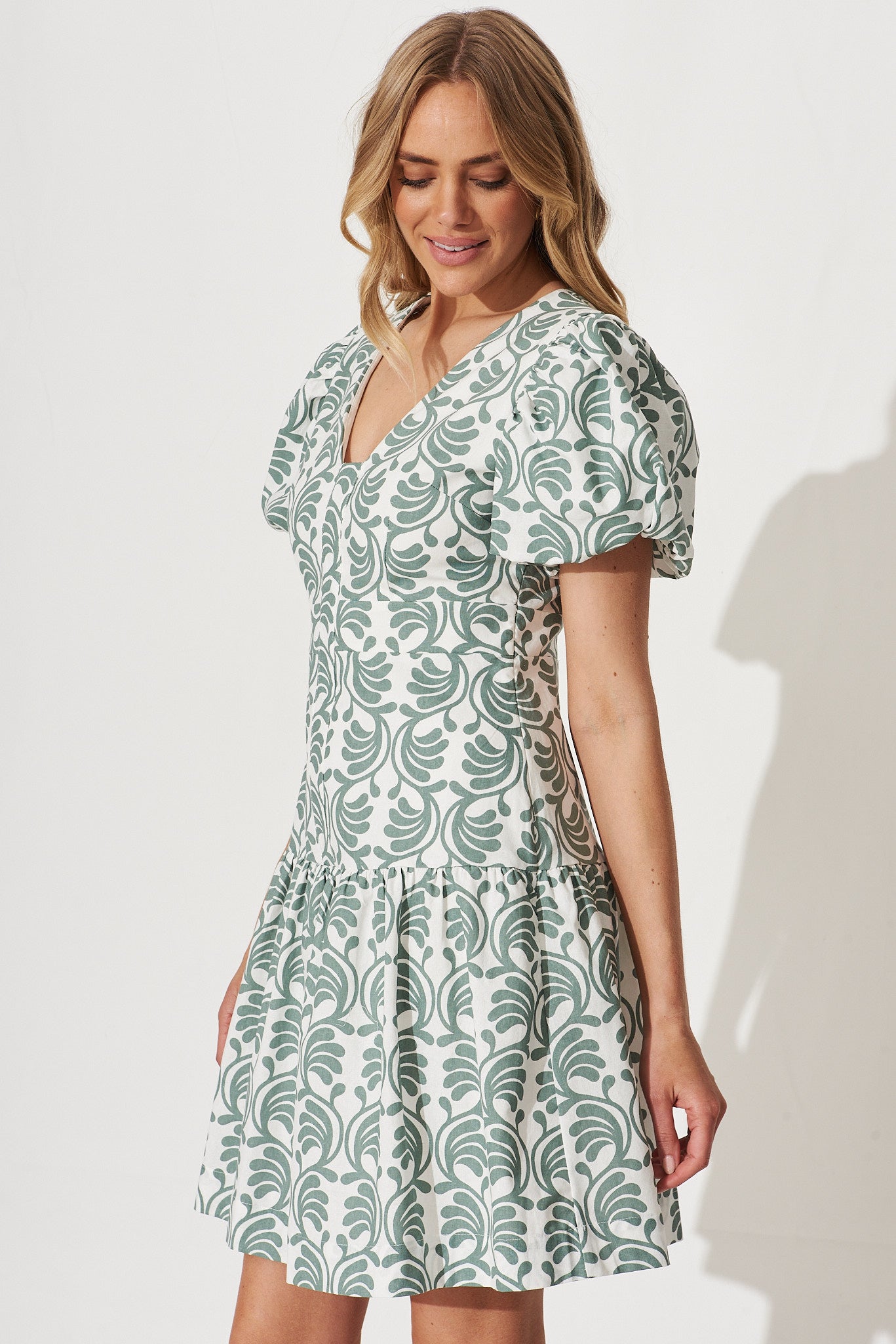 Abbey Dress In White With Khaki Swirl Print Cotton