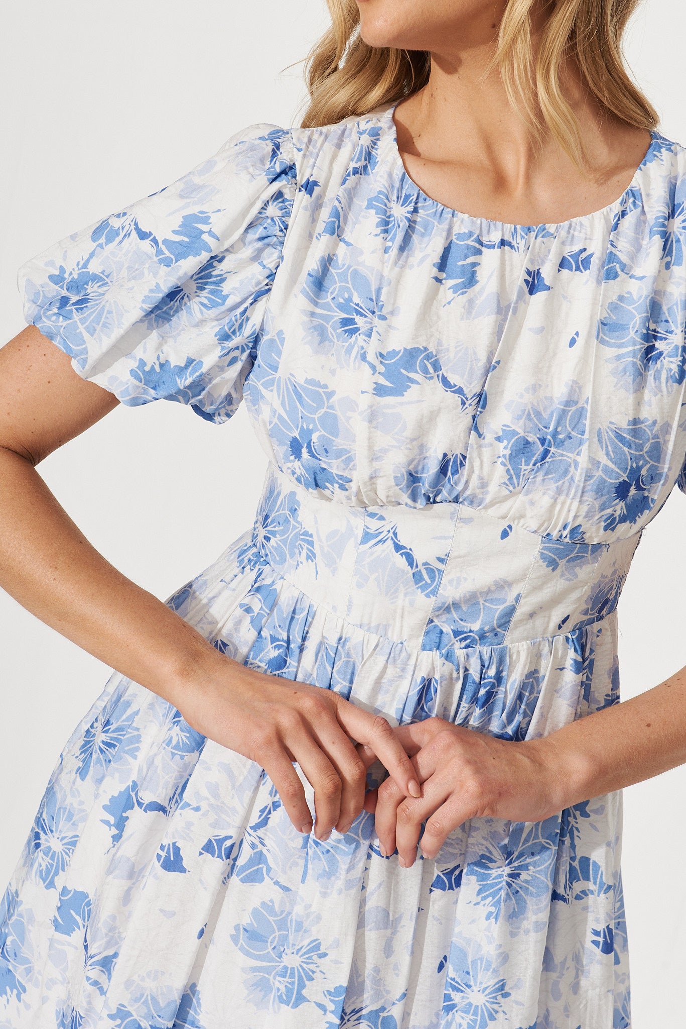 Audrey Dress In White With Blue Floral Cotton Blend